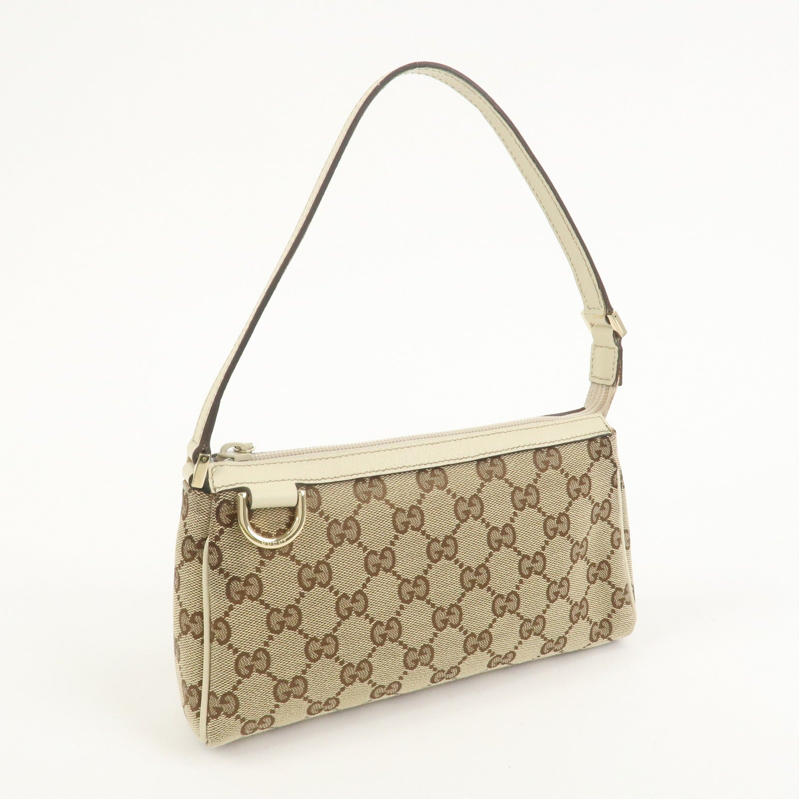 GUCCI Abbey GG Canvas Leather Pouch Hand Bag Brown Ivory 145750