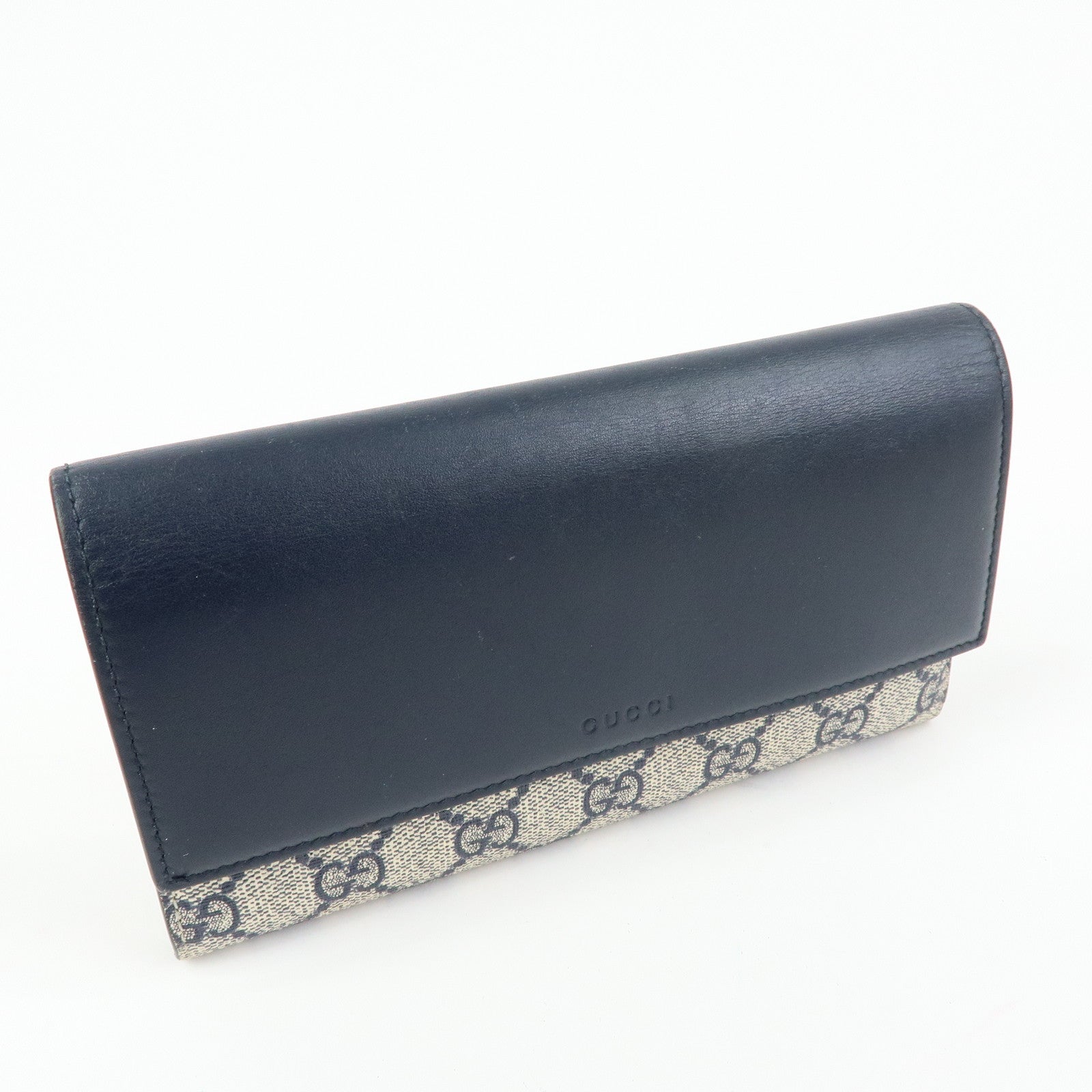 GUCCI GG Supreme Leather Flap Long Wallet Navy Beige 410100