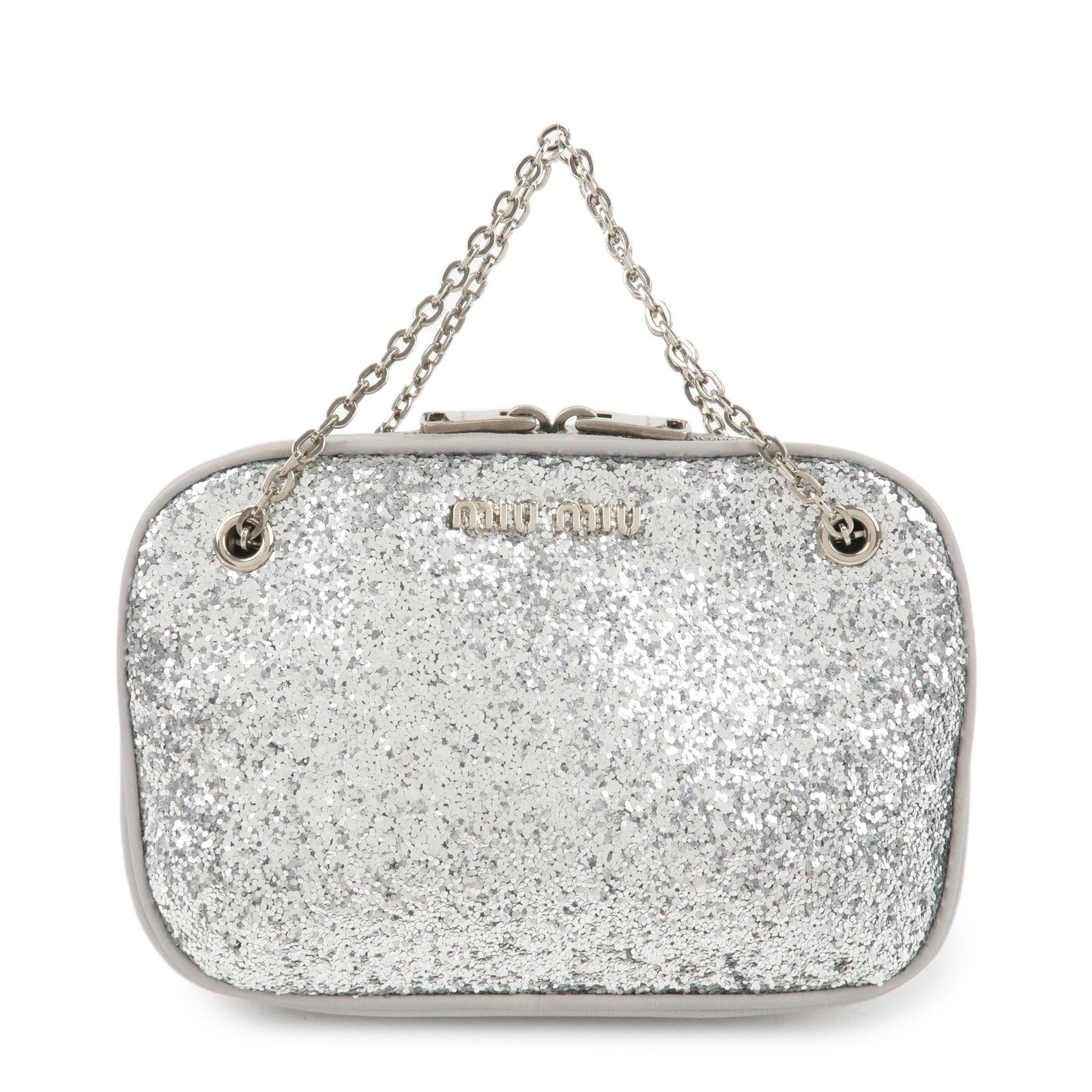 MIU MIU Leather Glitter Pouch Cosmetic Pouch Silver 5ND001 Used