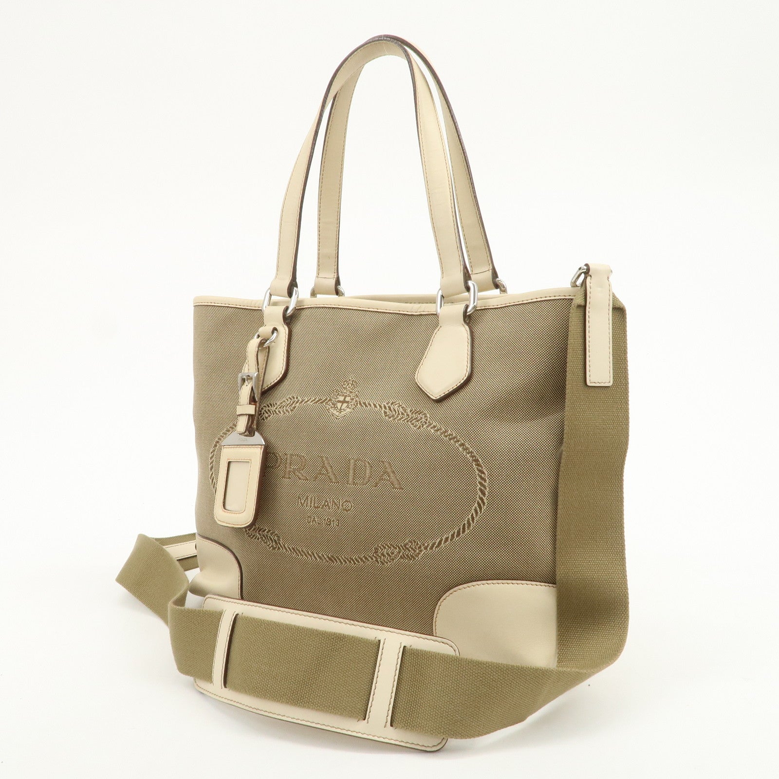 PRADA Logo Jacquard Leather 2Way Shoulder Bag Tote Bag Beige BR3414