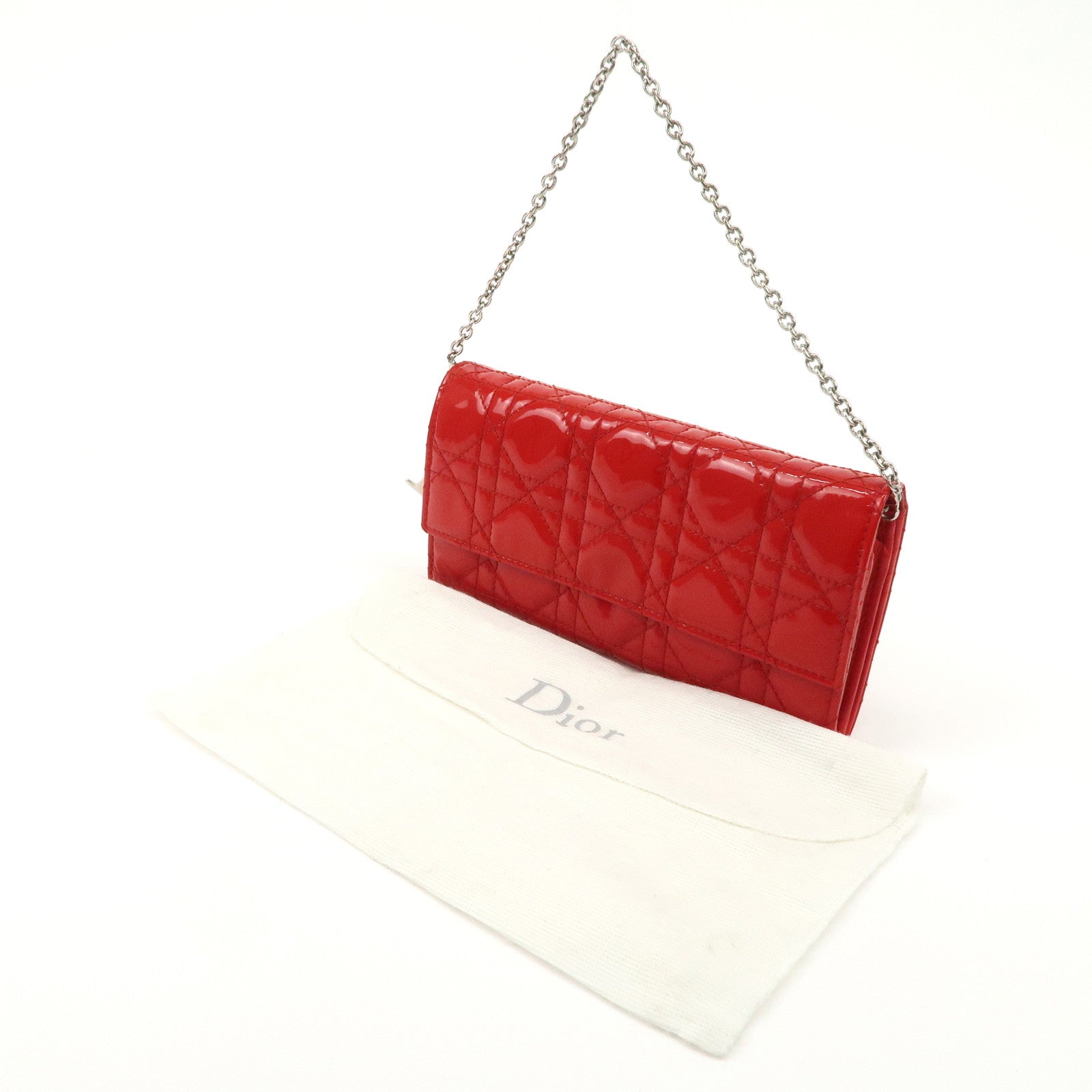 Christian Dior Lady Dior Cannage Patent Leather Chain Wallet Red Silver Used