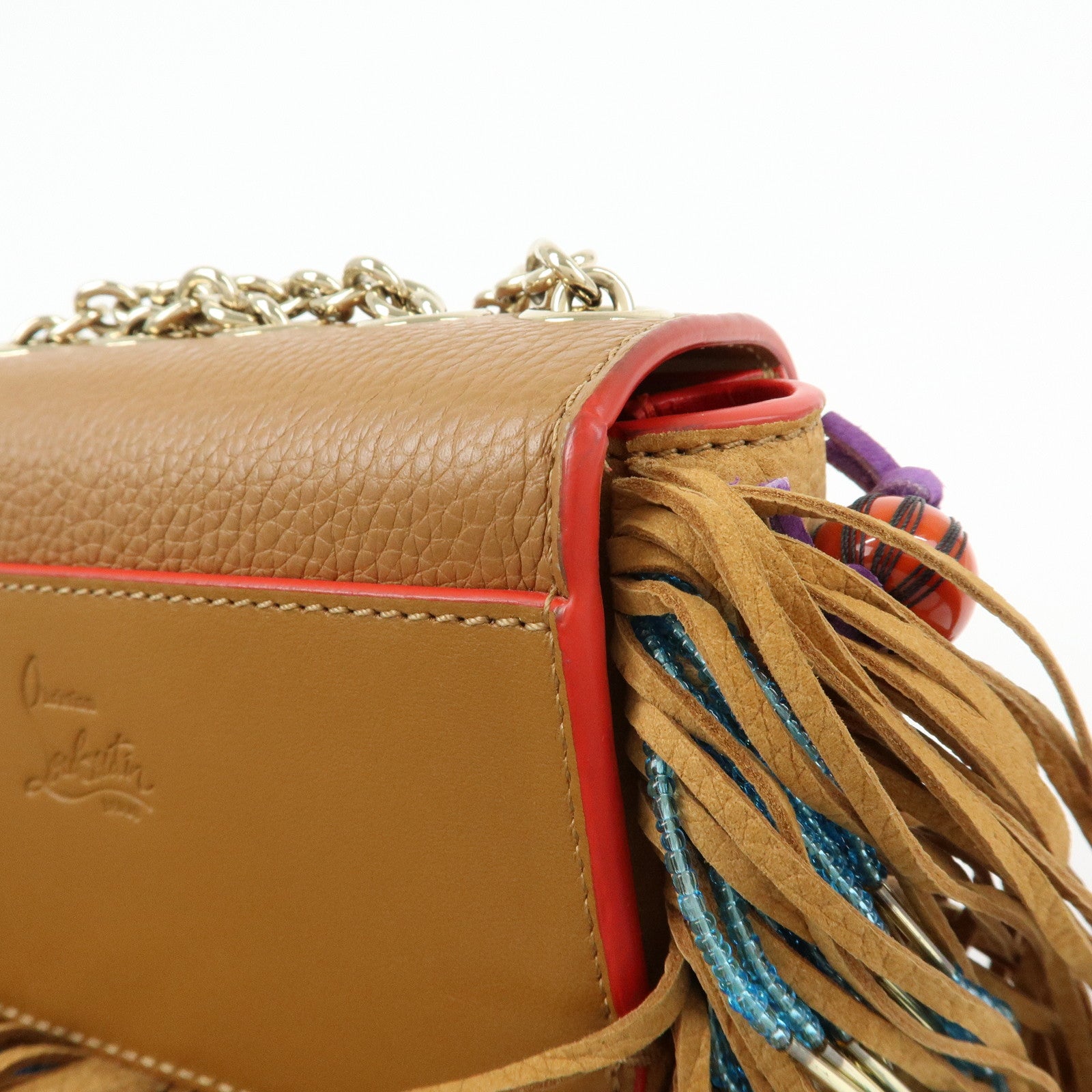 Christian Louboutin Leather Beaded Fringe Shoulder Bag Brown