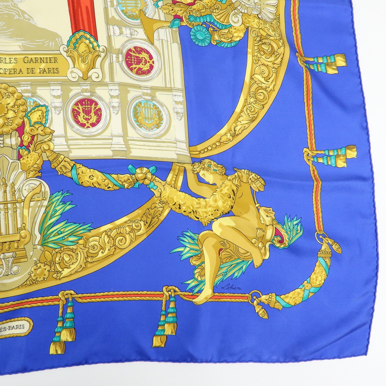 HERMES Carre 90 Silk 100% Scarf HOMMAGE A CHARLES GARNIER Blue