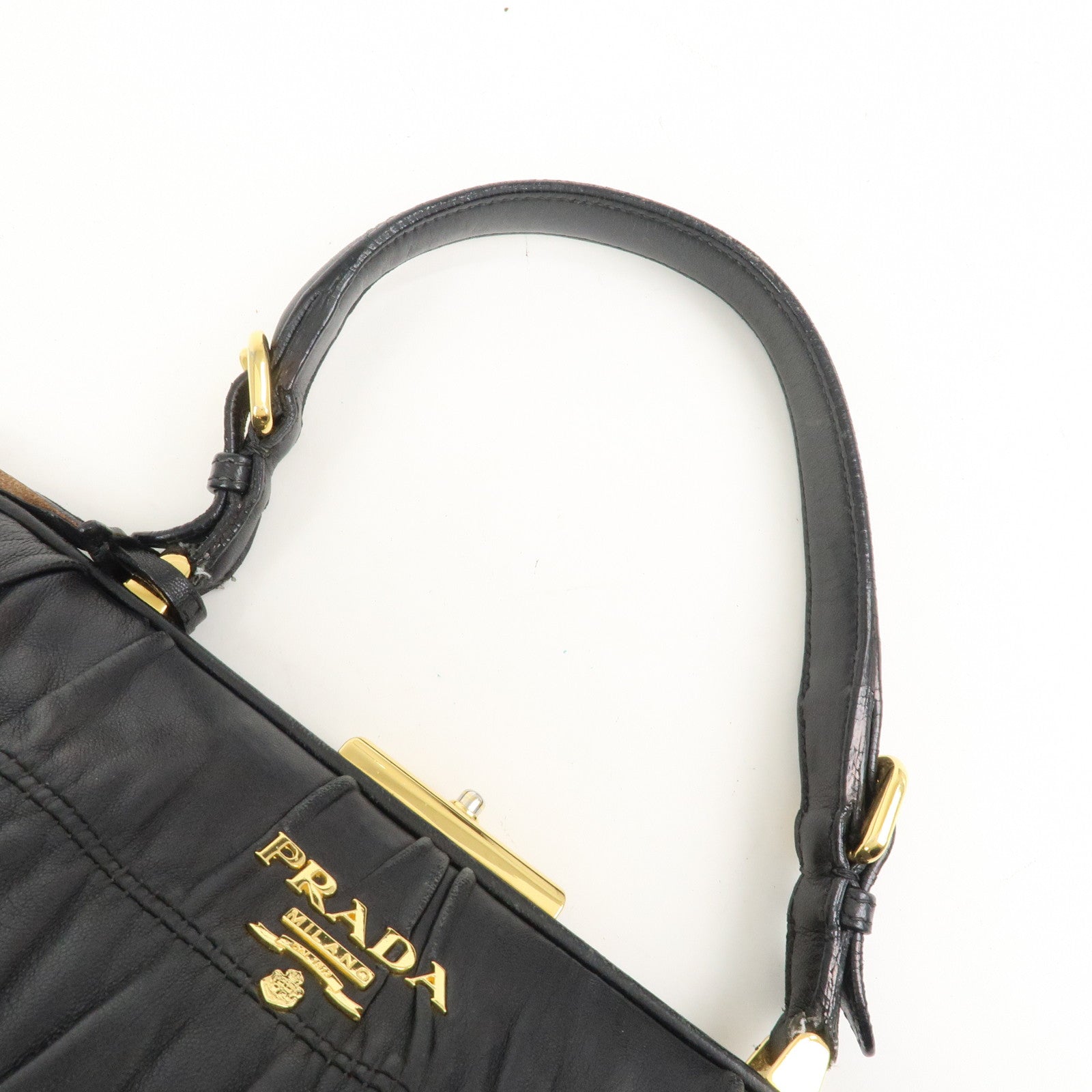 PRADA Logo Nappa Leather Gathered Shoulder Bag Hand Bag Black