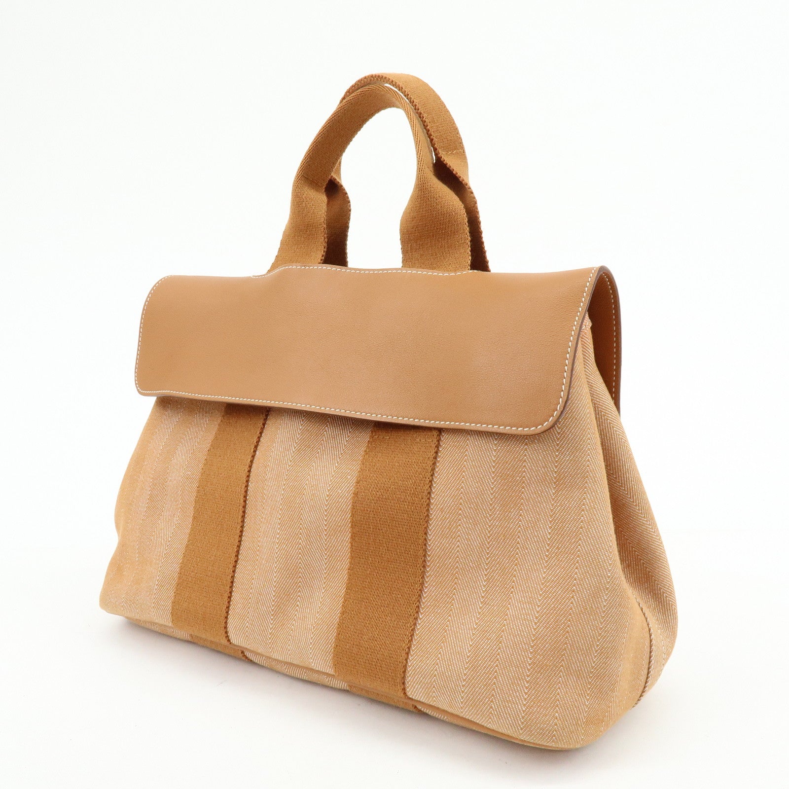 HERMES Valparaiso PM Toile Chevron Leather Tote Bag □L Stamped