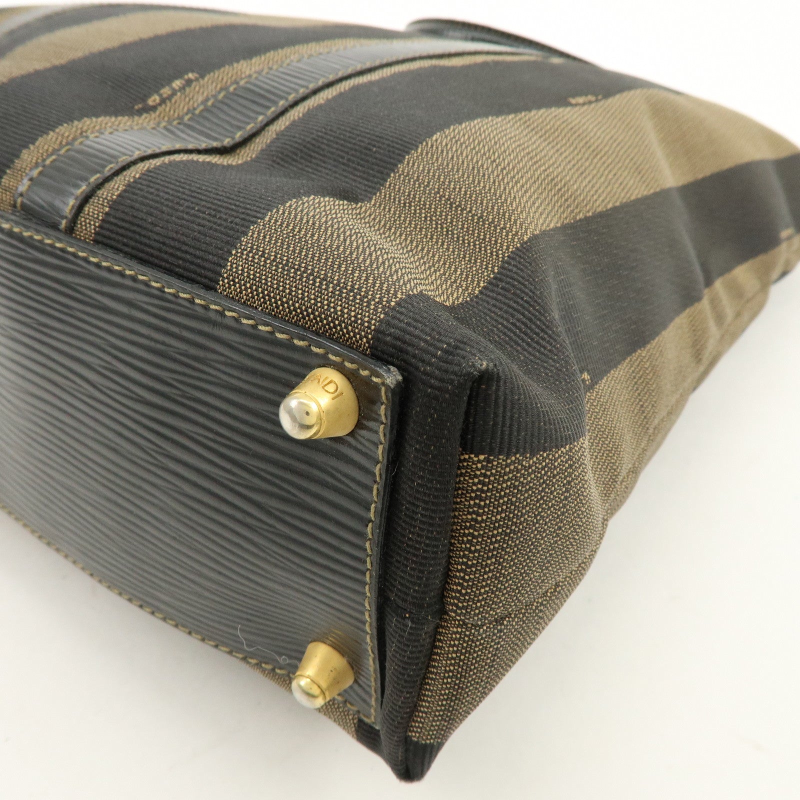 FENDI Pequin Canvas Leather Hand Bag Tote Bag Brown Black