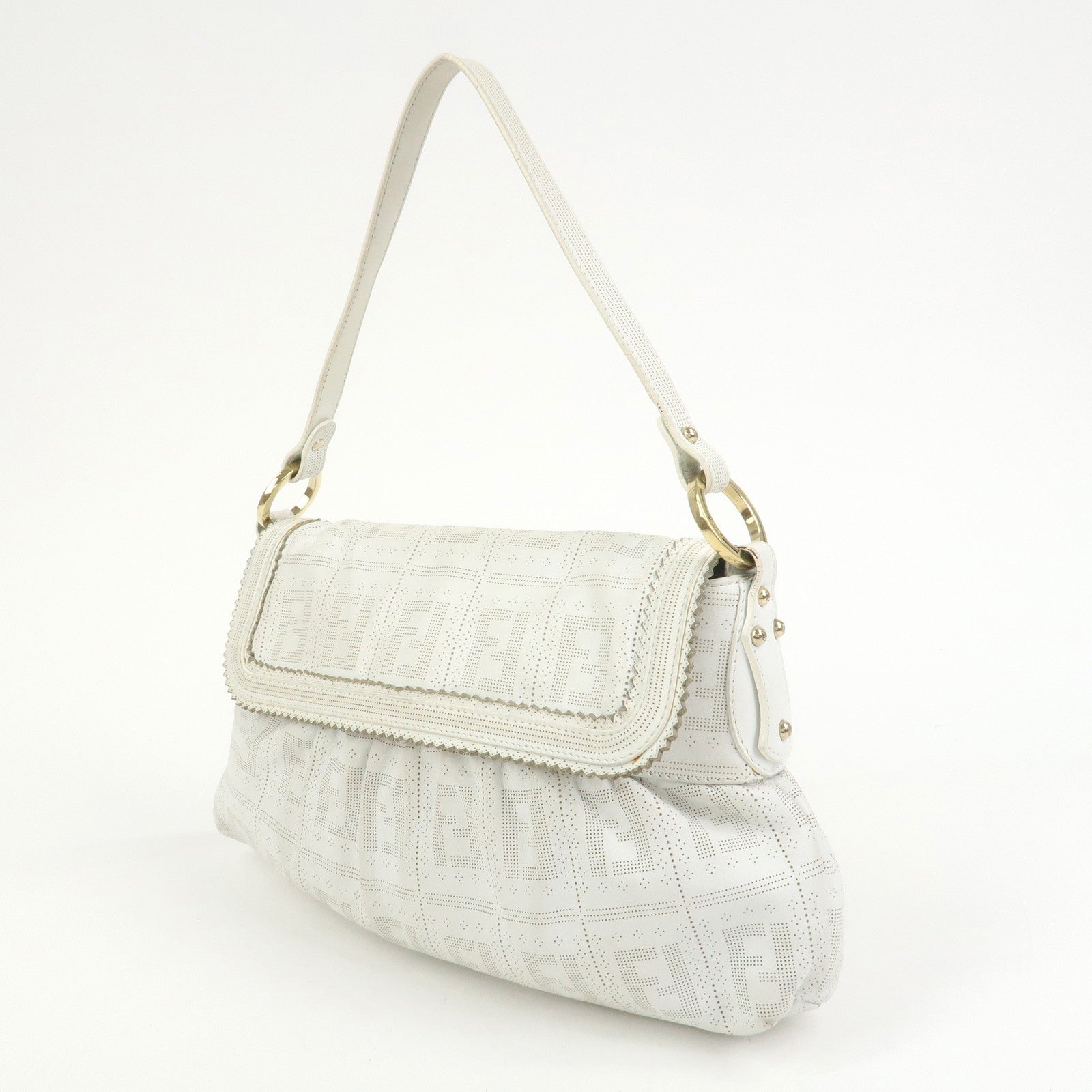 FENDI Zucca Logo Leather Shoulder Bag Hand Bag White 8BR445