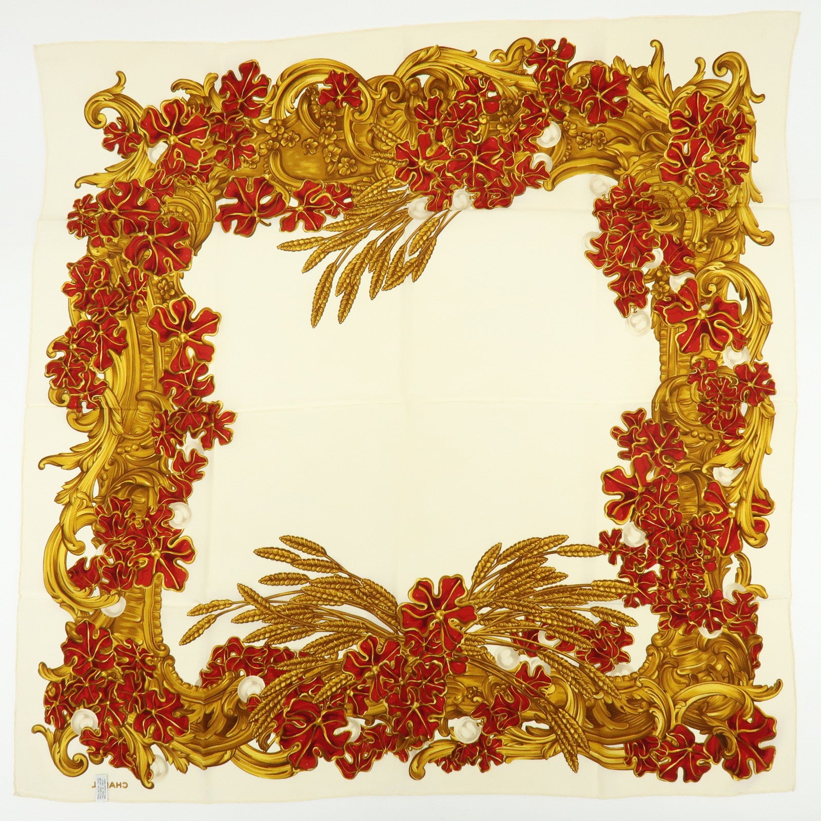 CHANEL Silk 100% Scarf Pearl Flower Motif Gold Red Ivory