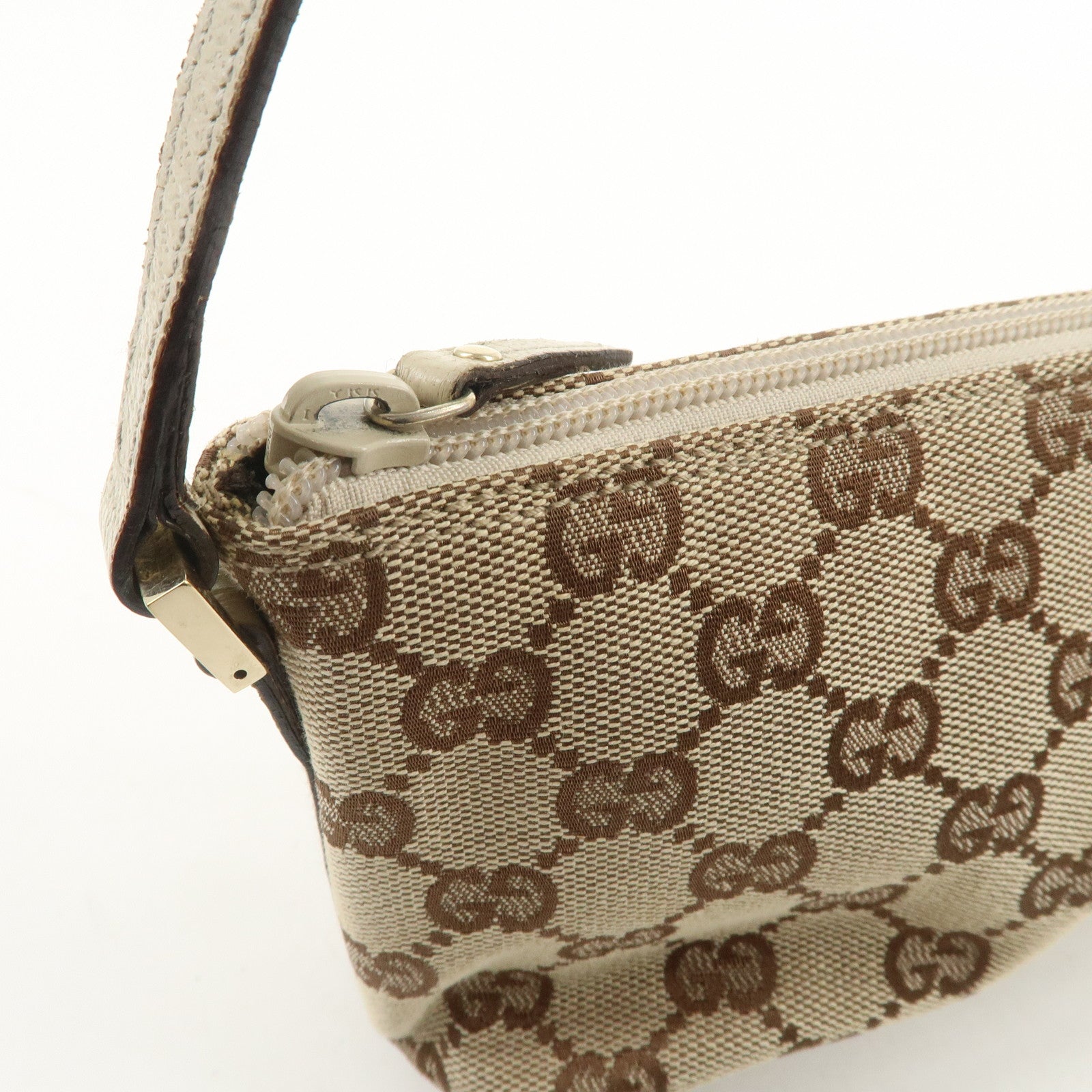 GUCCI Boat Bag GG Canvas Leather Hand Bag Pouch Brown Ivory 07198