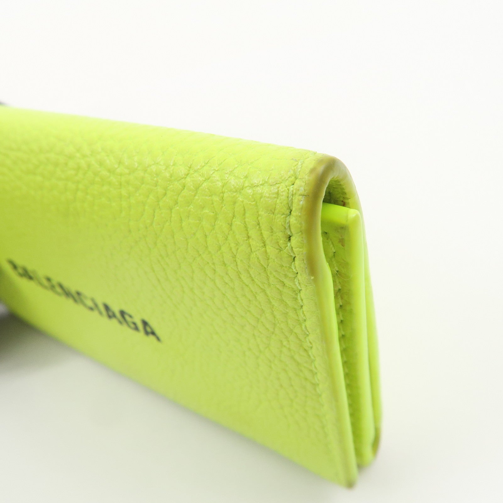 BALENCIAGA Logo Leather Key Case Key Holder Neon Yellow