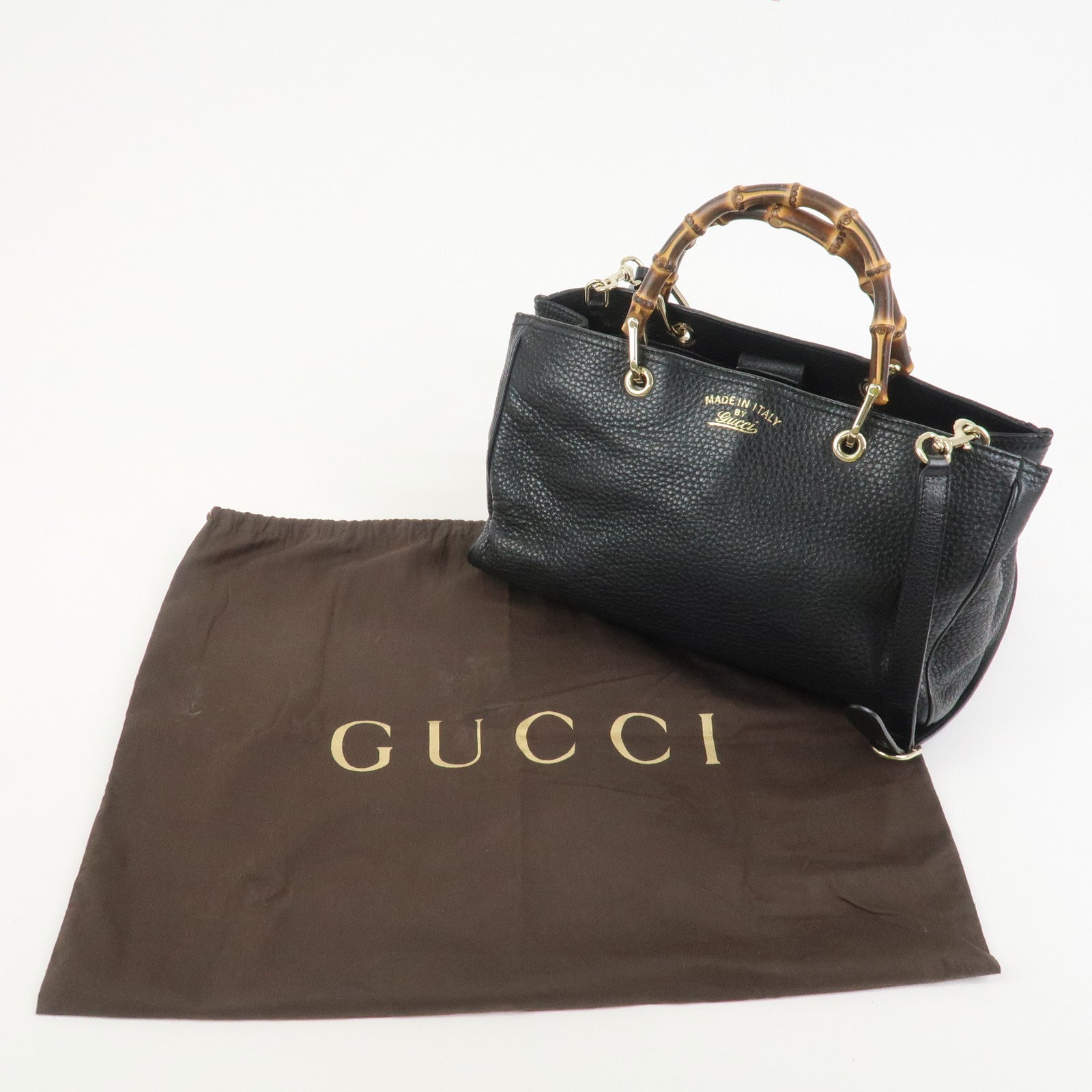 GUCCI Bamboo Shopper Medium Leather 2Way Shoulder Bag Black 323660