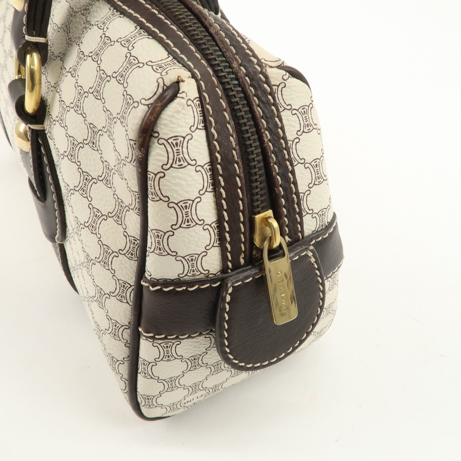 CELINE Macadam PVC Leather Mini Boston Bag Dark Brown White