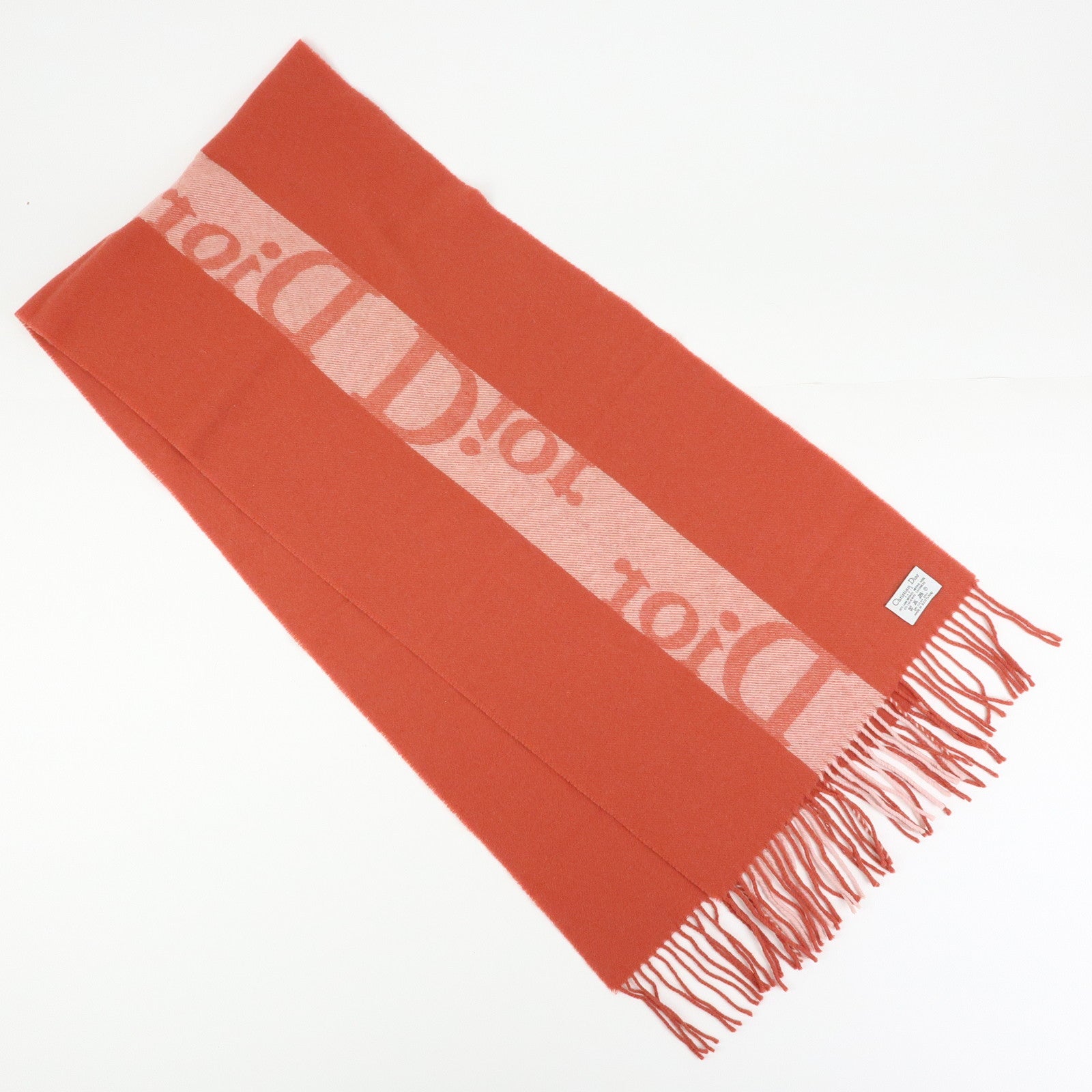 Christian Dior Logo Wool Cashmere Fringe Scarf Red