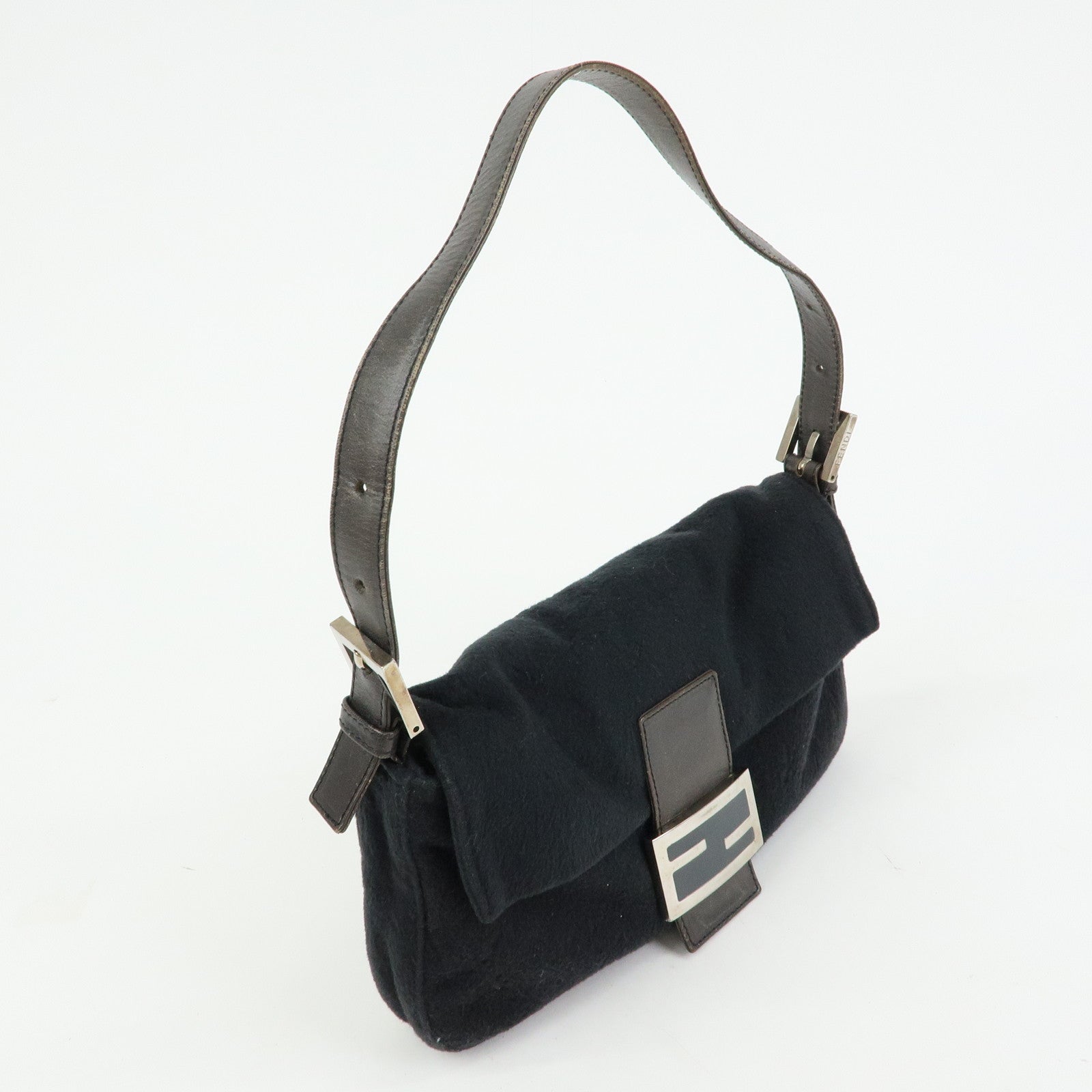 FENDI Mamma Baguette Wool Leather Shoulder Bag Hand Bag Black 26424