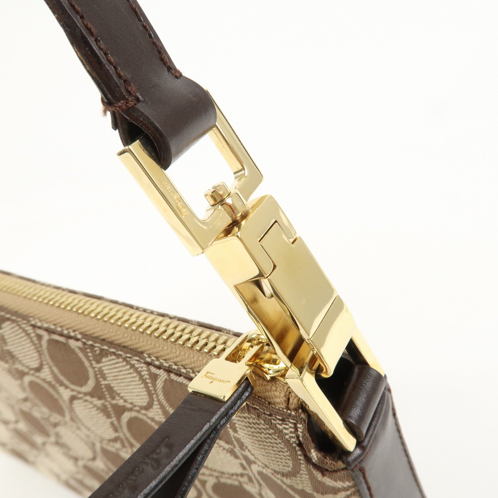 Ferragamo Gancini Canvas Leather Shoulder Bag Hand Bag Brown