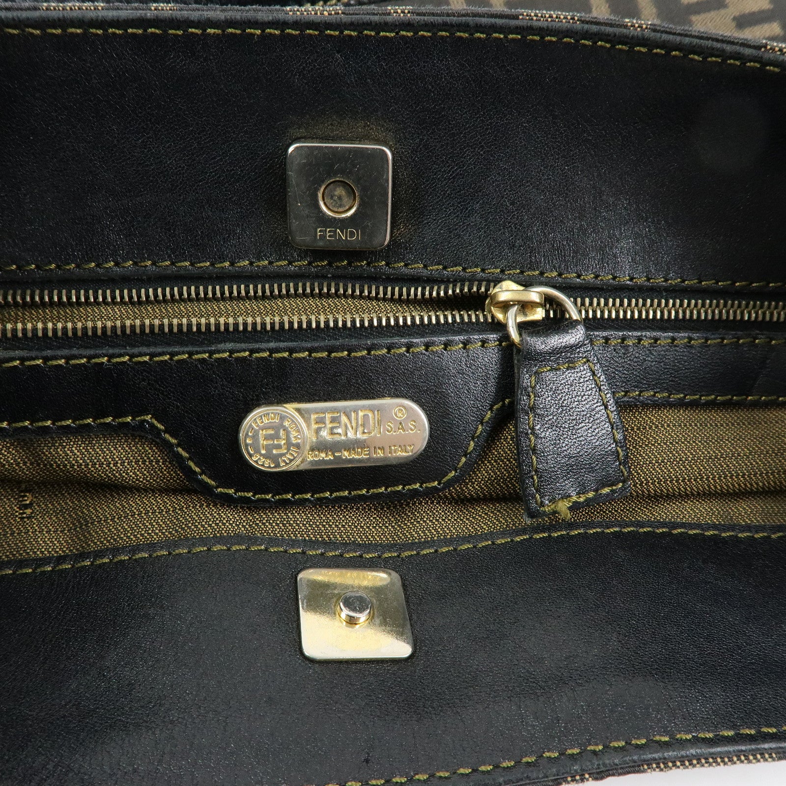 FENDI Zucca Canvas Leather Shoulder Bag Hand Bag Black Brown