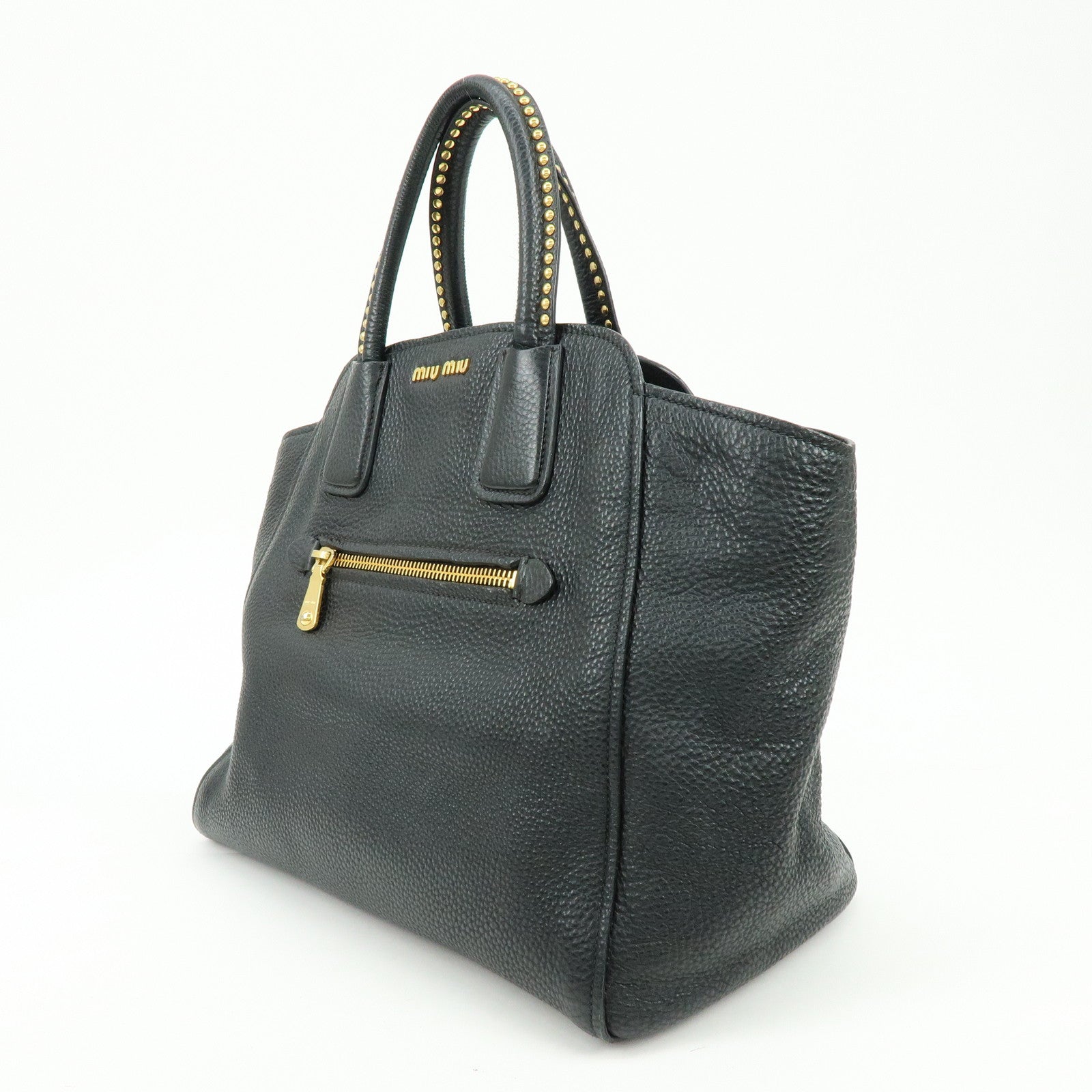 MIU MIU Logo Leather 2Way Bag Hand Bag Shoulder Bag Studs Black