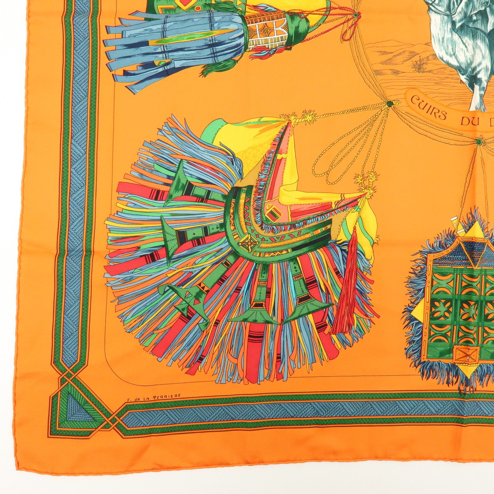 HERMES Carre 90 Silk 100% CUIRS DU DESERT Scarf Orange