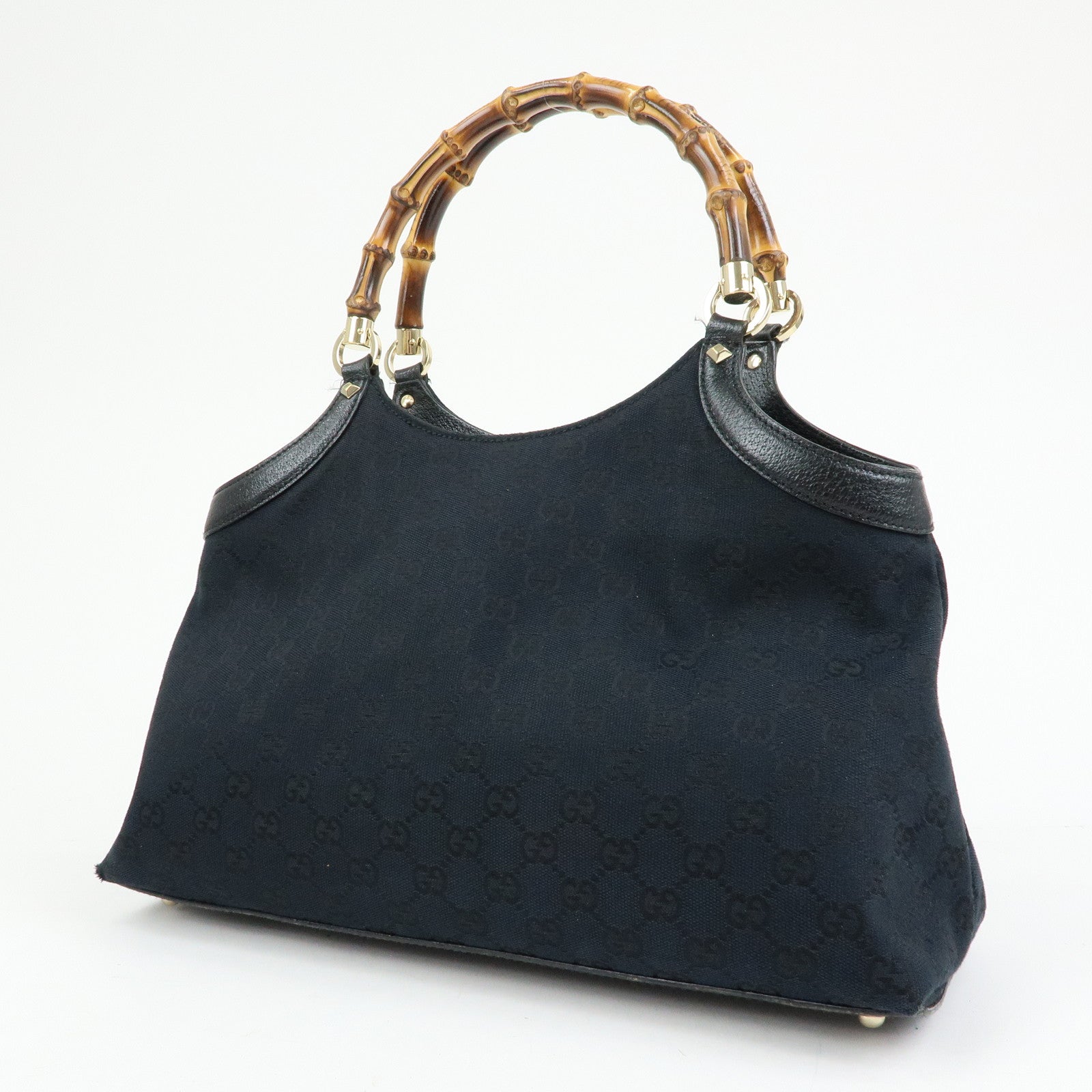 GUCCI Bamboo GG Canvas Leather Tote Bag Hand Bag Black 137395