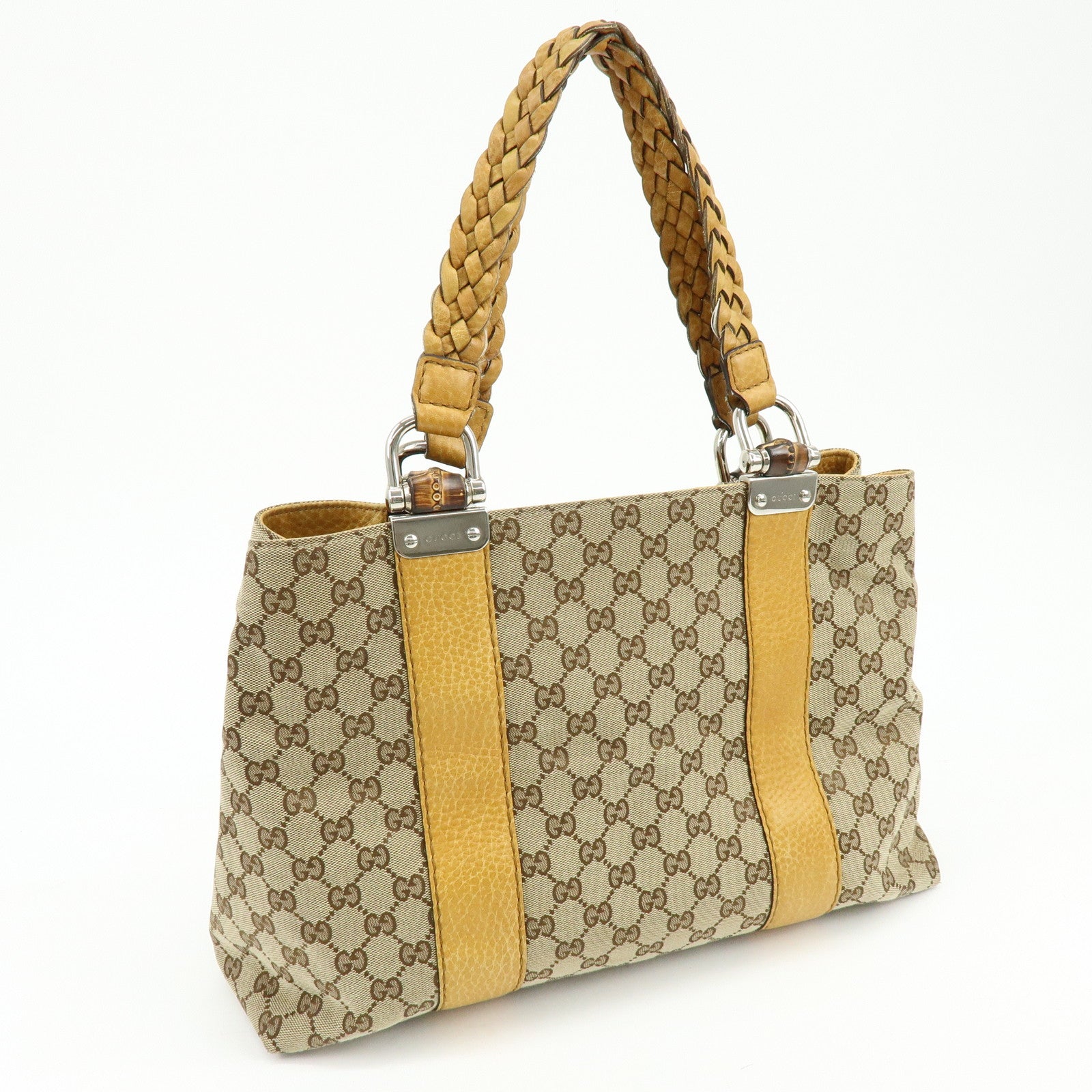 GUCCI Bamboo GG Canvas Leather Tote Bag Beige Yellow 232947
