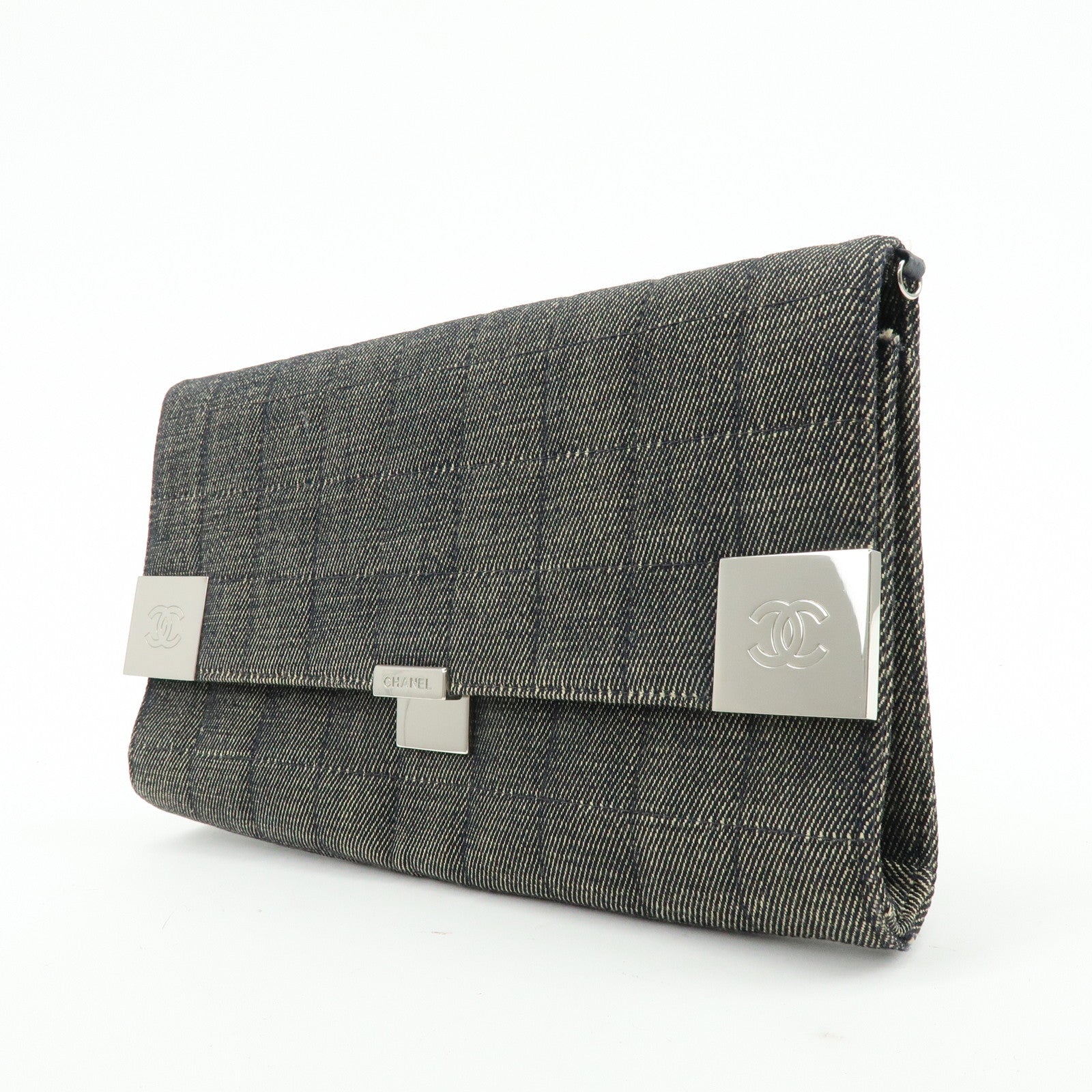 CHANEL Chocolate Bar COCO Mark Denim Clutch Bag Black