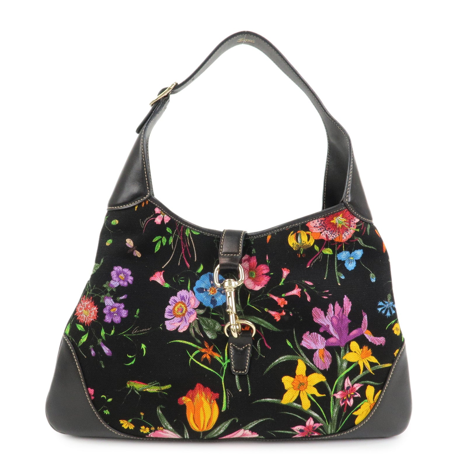 GUCCI Canvas Leather Shoulder Bag Flower Print Black 153029
