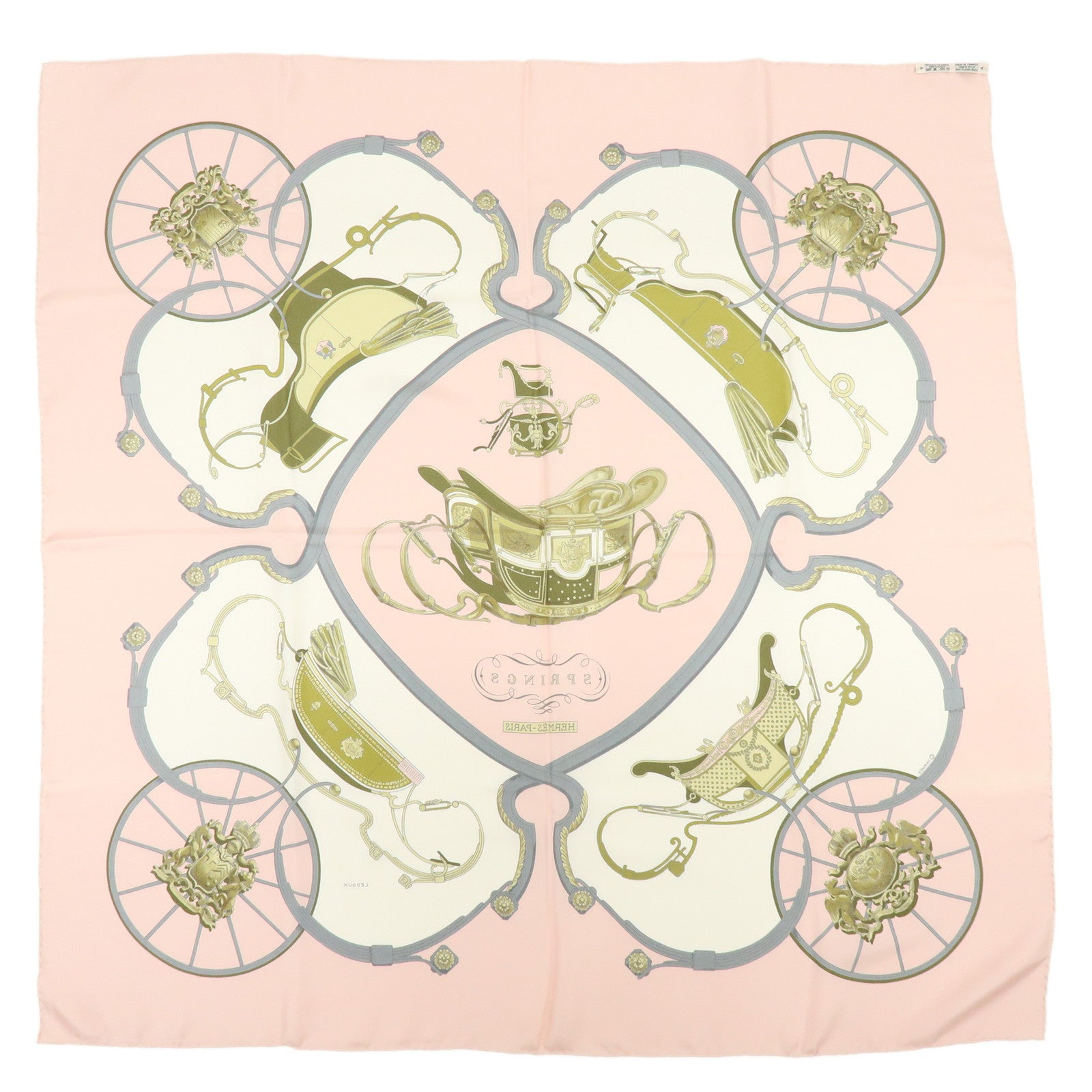 HERMES Carre 90 Silk 100% Scarf SPRINGS Carriage Print Pink White