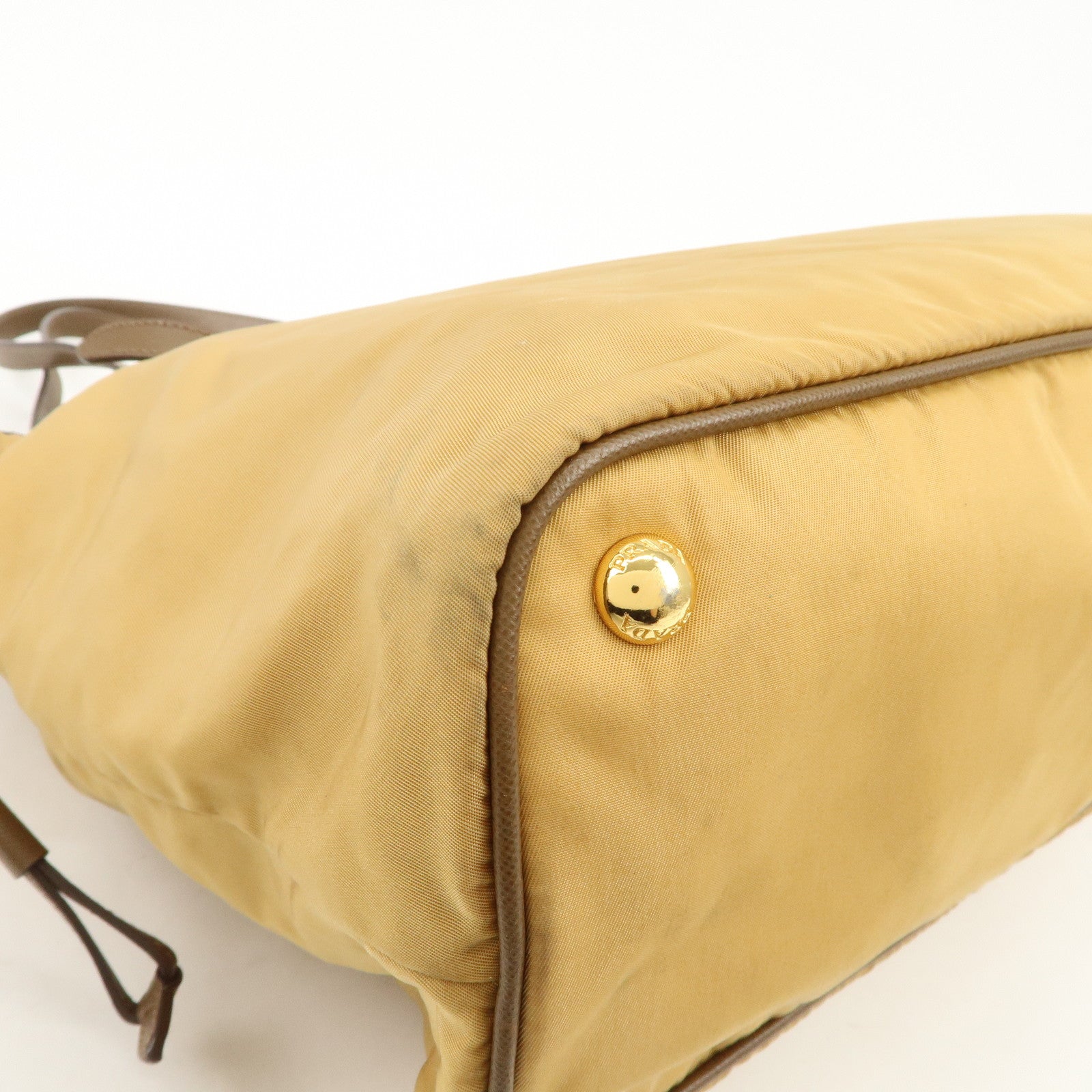 PRADA Logo Nylon Saffiano Leather Tote Bag Shoulder Bag Light Brown
