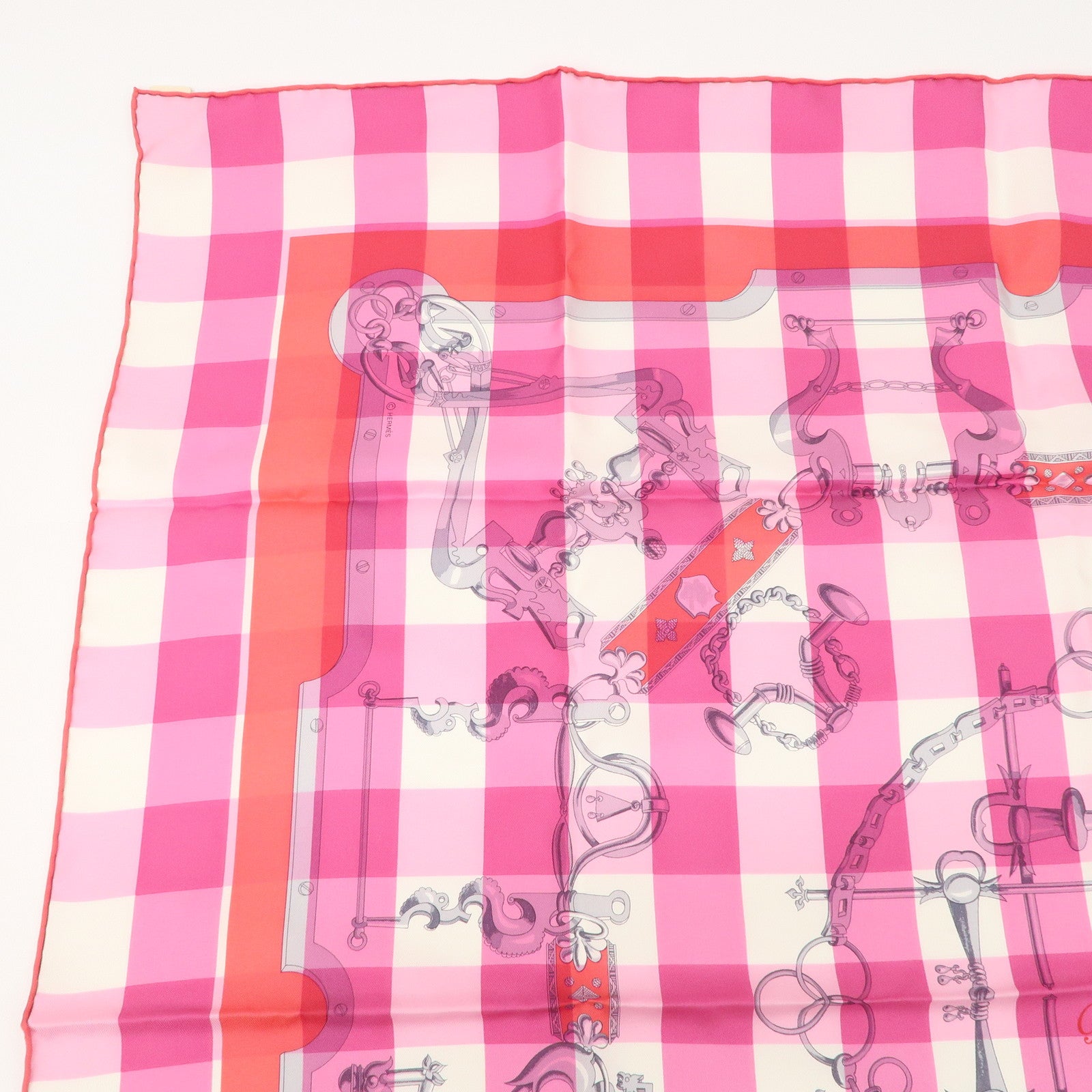 HERMES Carre 90 Silk 100% Scarf MORS et Gourmettes Pink Used