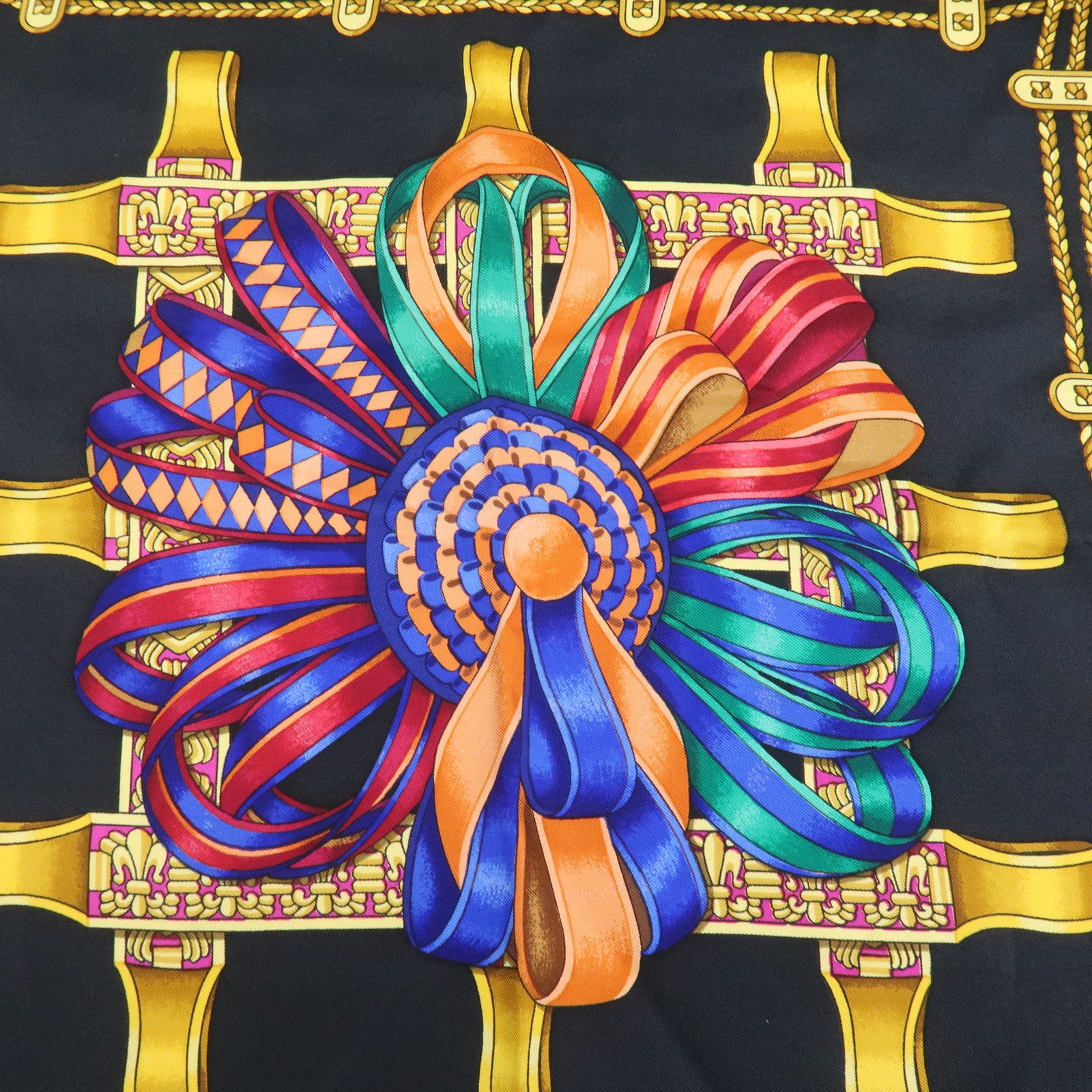 Hermes Carre 90 Silk 100% Scarf LES RUBANS DU CHEVAL Black