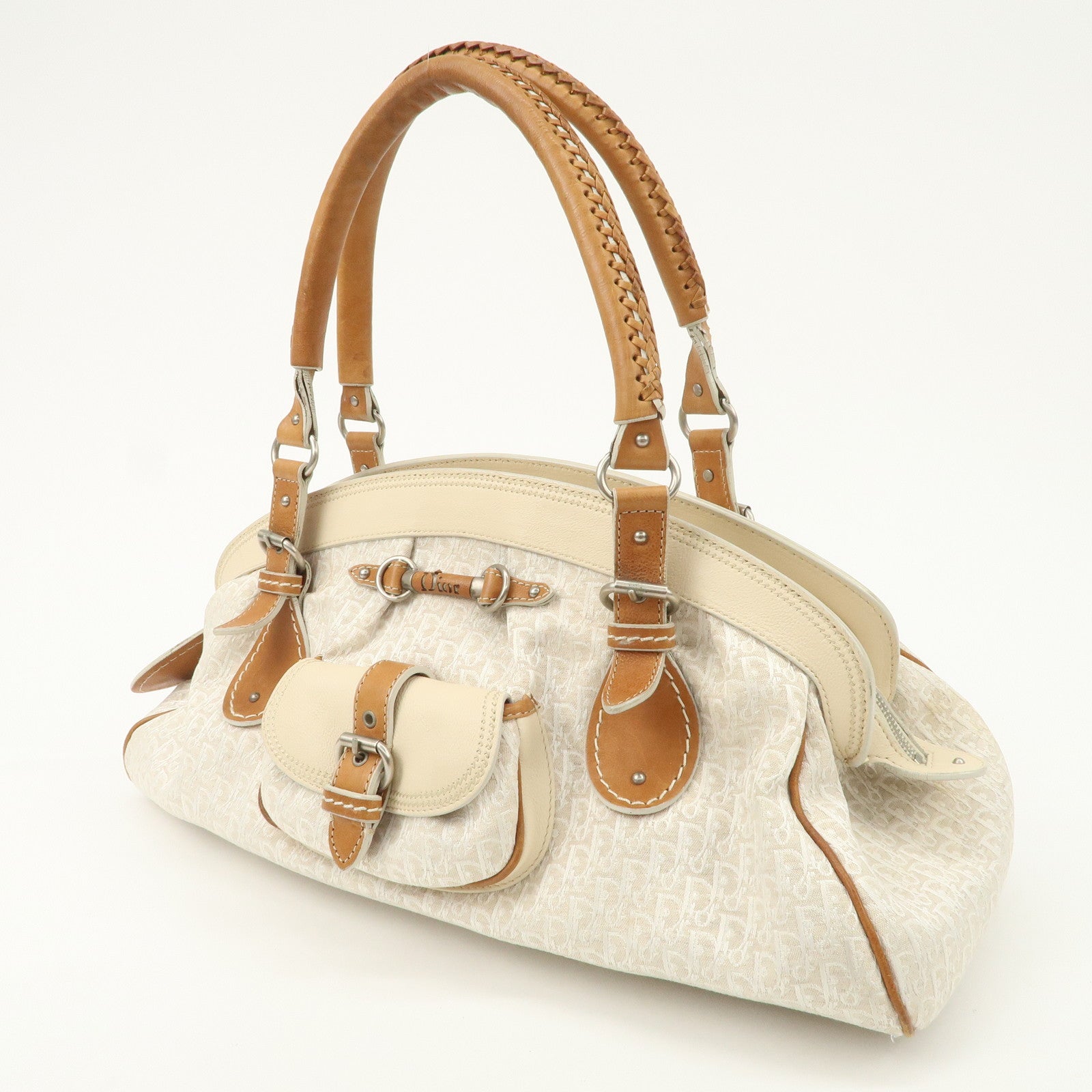 Christian Dior Trotter Canvas Leather Shoulder Bag Brown Ivory