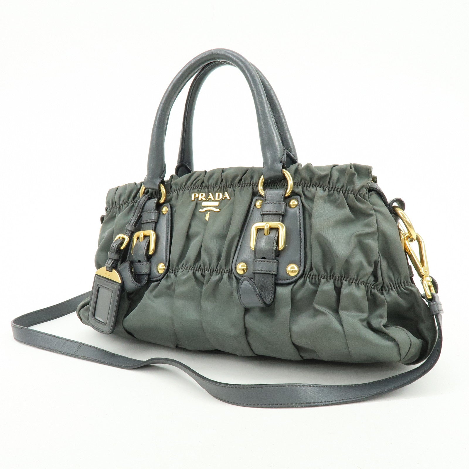 PRADA Nylon Leather 2Way Bag Hand Bag Shoulder Bag Gray BN1407