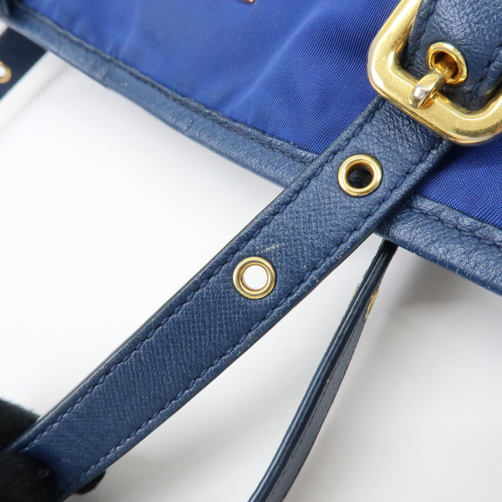 PRADA Logo Nylon Leather Tote Bag Shoulder Bag Blue BR4997