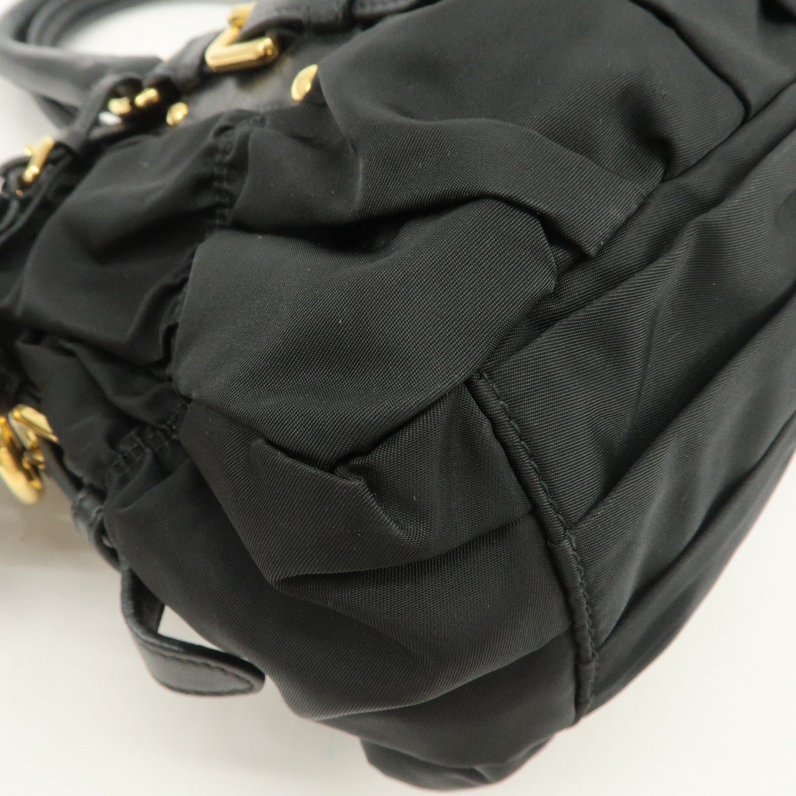 PRADA Nylon Leather Gathered 2Way Hand Shoulder Bag Black BN1407