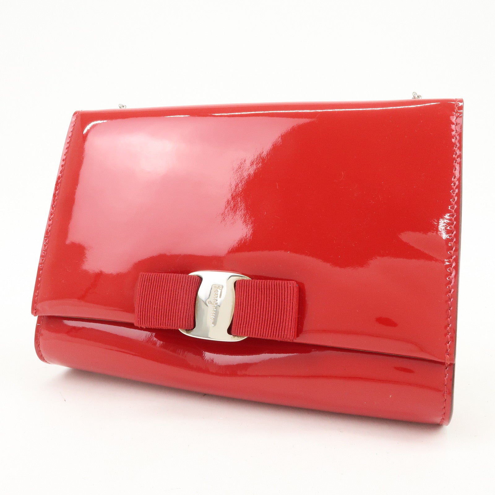 Ferragamo Vara Ribbon Patent Leather Shoulder Bag Crossbody Bag Red