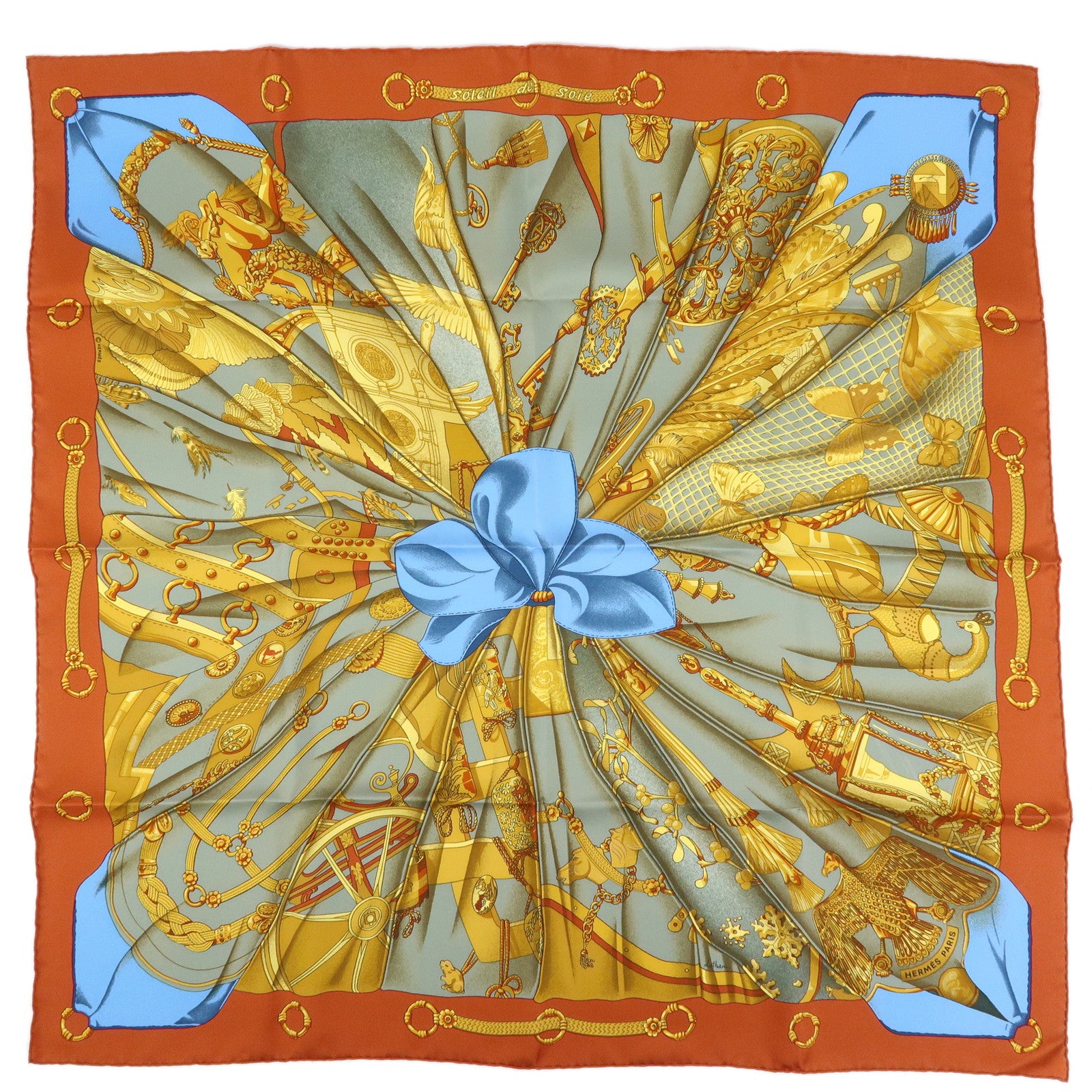 HERMES Carre 90 Silk 100% Soleil de Soie Scarf Gold Brown Blue