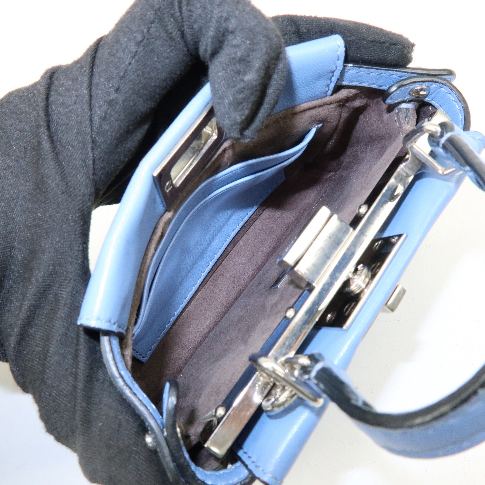 FENDI Micro Peekaboo Leather 2Way Bag Hand Shoulder Bag Blue 8M0355