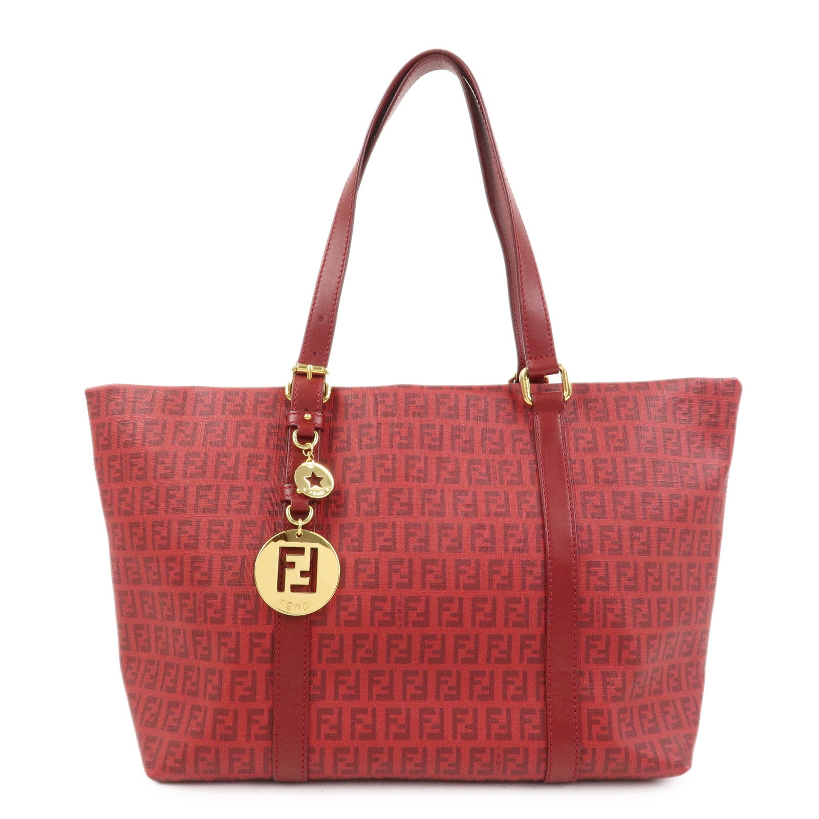 FENDI Zucchino PVC Leather Tote Bag Shoulder Bag Red Gold 8BH215