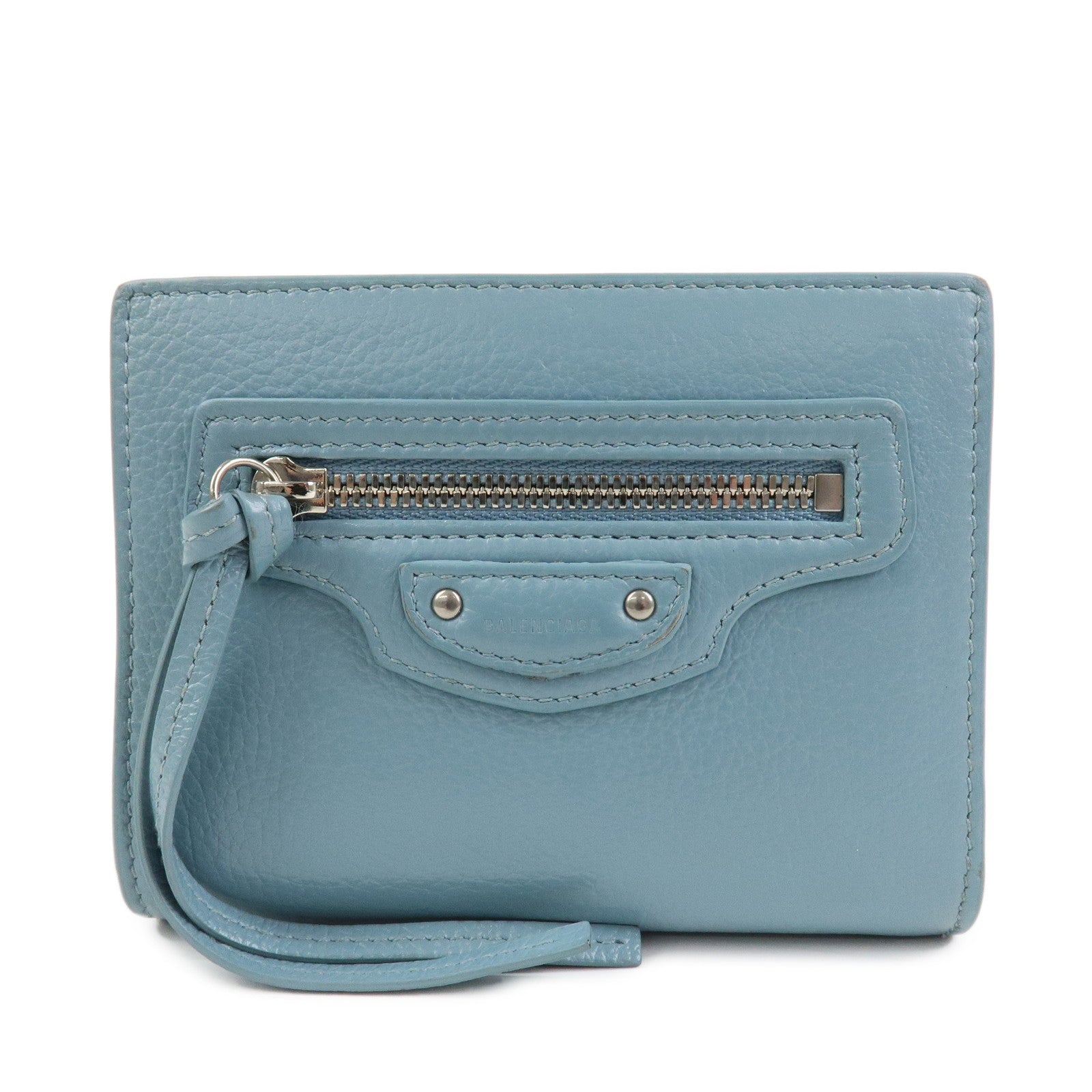 BALENCIAGA Leather Bi-Fold Compact Wallet Light Blue