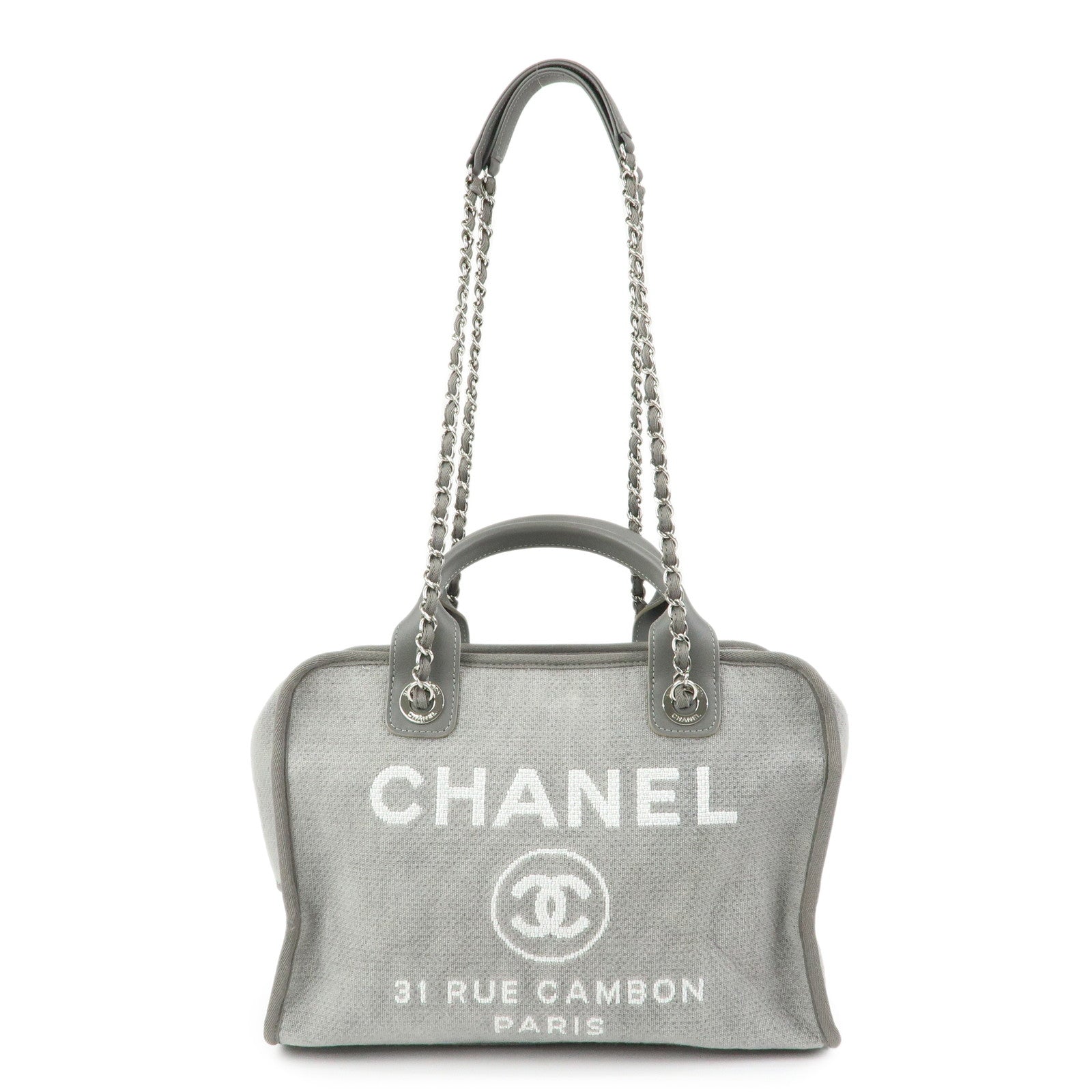 CHANEL Deauville Canvas Leather 2Way Boston Chain Shoulder Bag Gray
