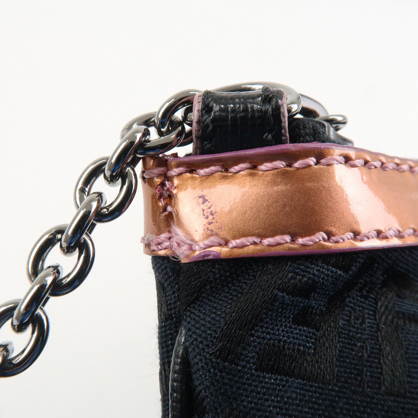 FENDI Zucchino Canvas Leather Chain Hand Bag Black Pink 8BR594 Used