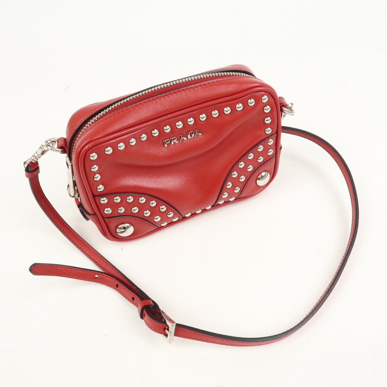 PRADA Logo Leather Mini Shoulder Bag Camera Bag Studs Red 1N1674