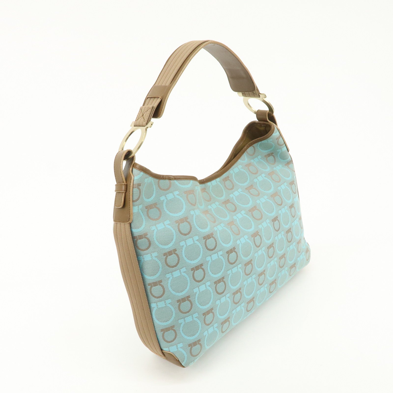 Ferragamo Gancini Canvas Leather Shoulder Bag Light Blue Brown