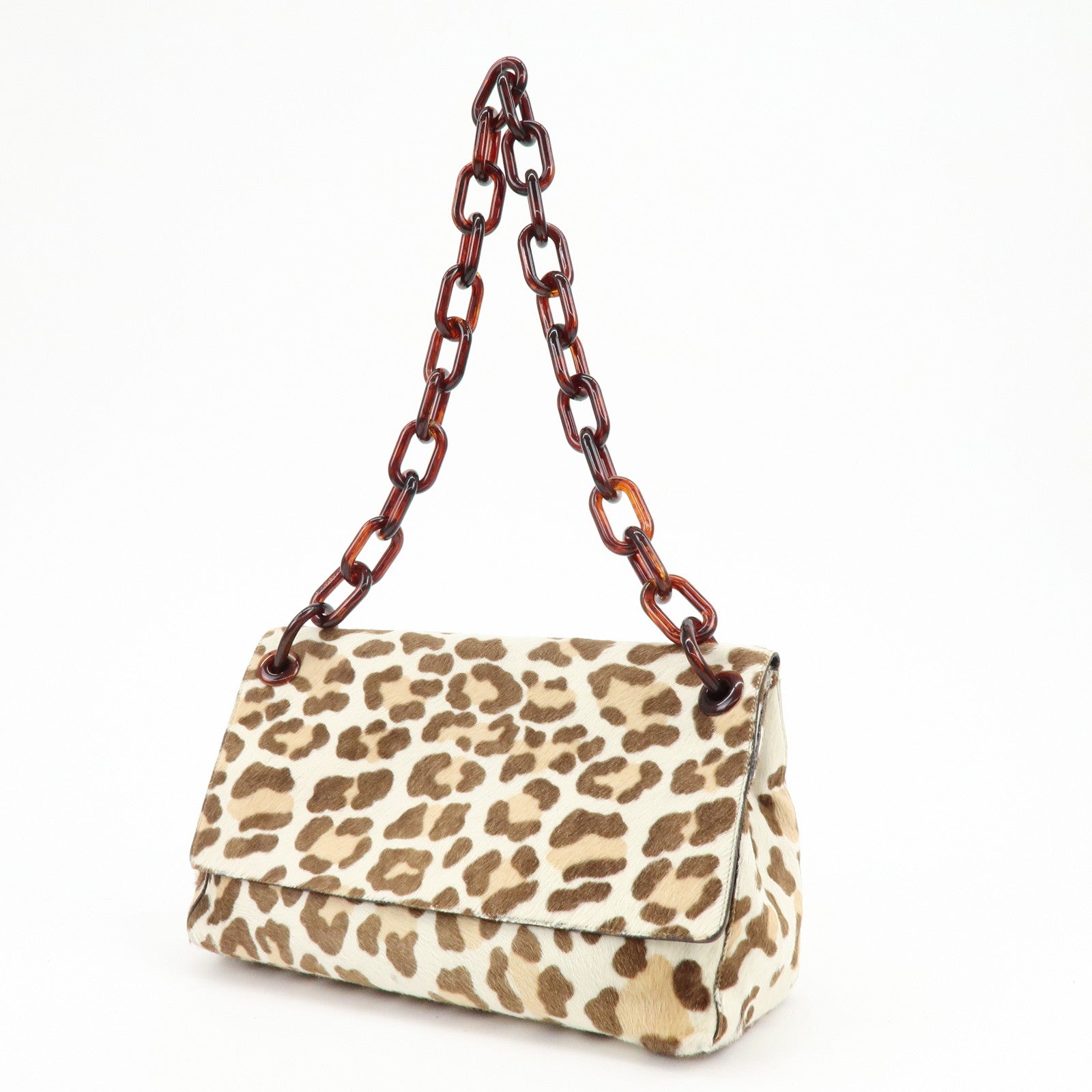 PRADA Triangle Logo Haircalf Plastic Chain Shoulder Bag Beige Brown