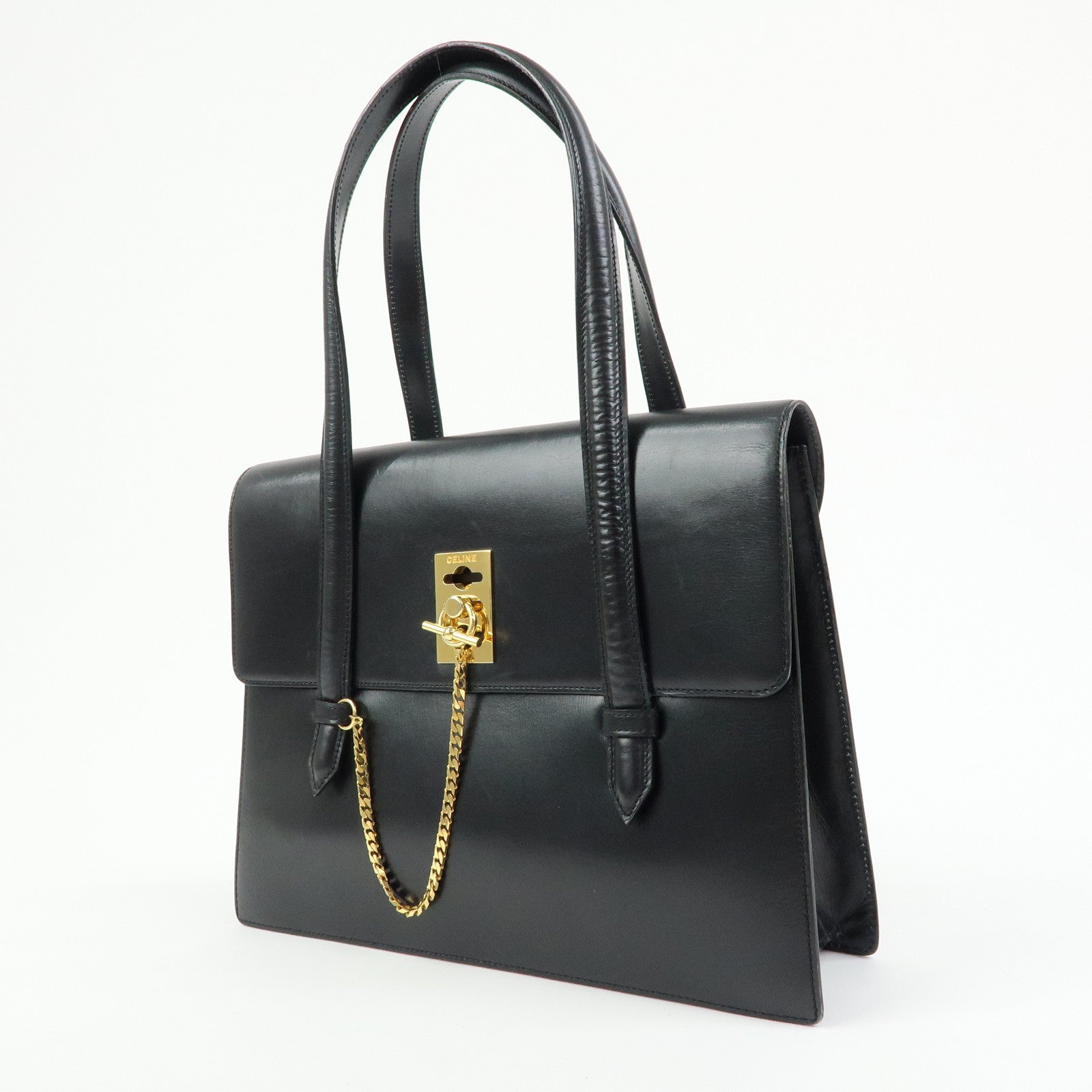 CELINE Leather Chain Lock Tote Bag Shoulder Bag Hand Bag Black