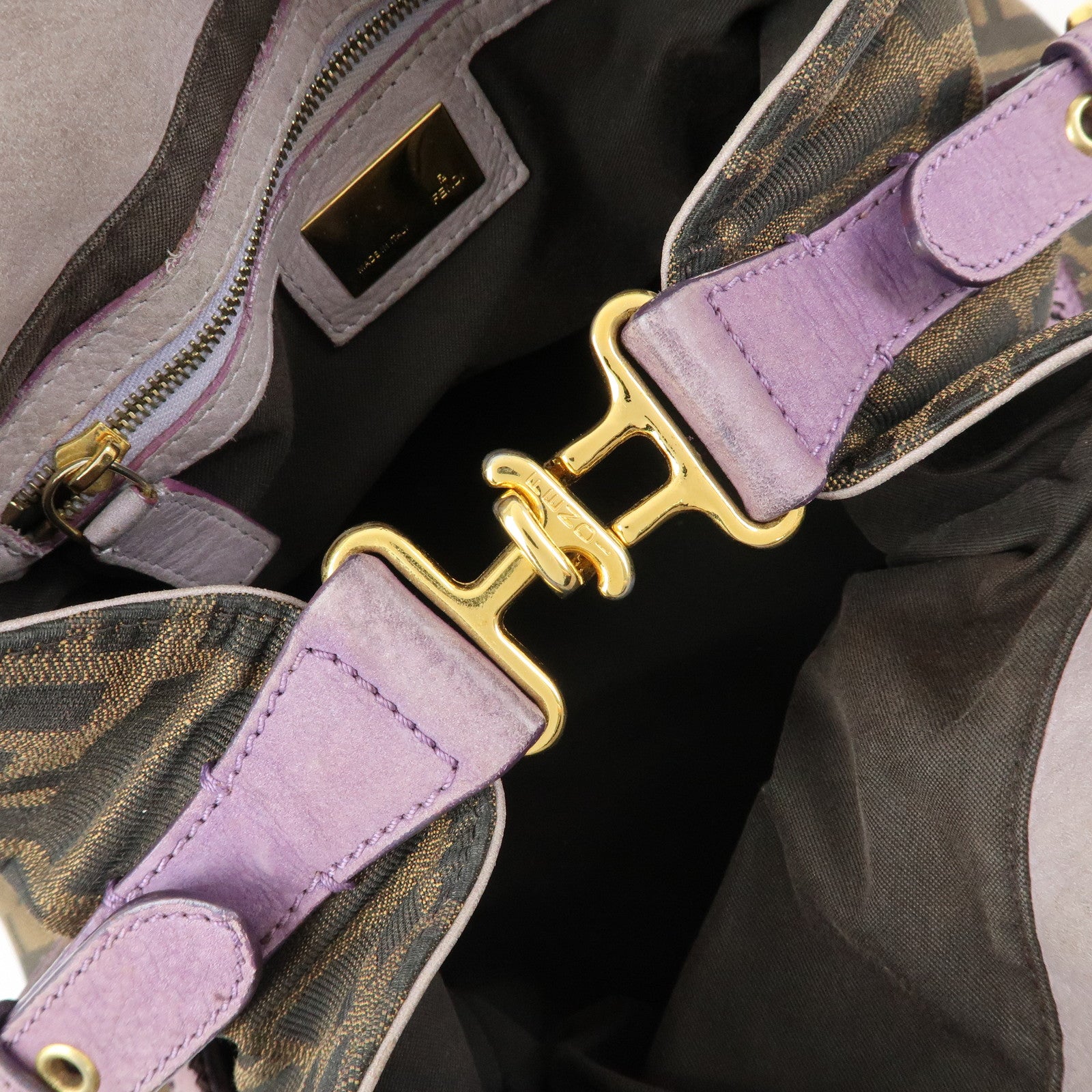 FENDI Ethnico Zucca Canvas Leather Shoulder Bag Brown Purple 8BN157