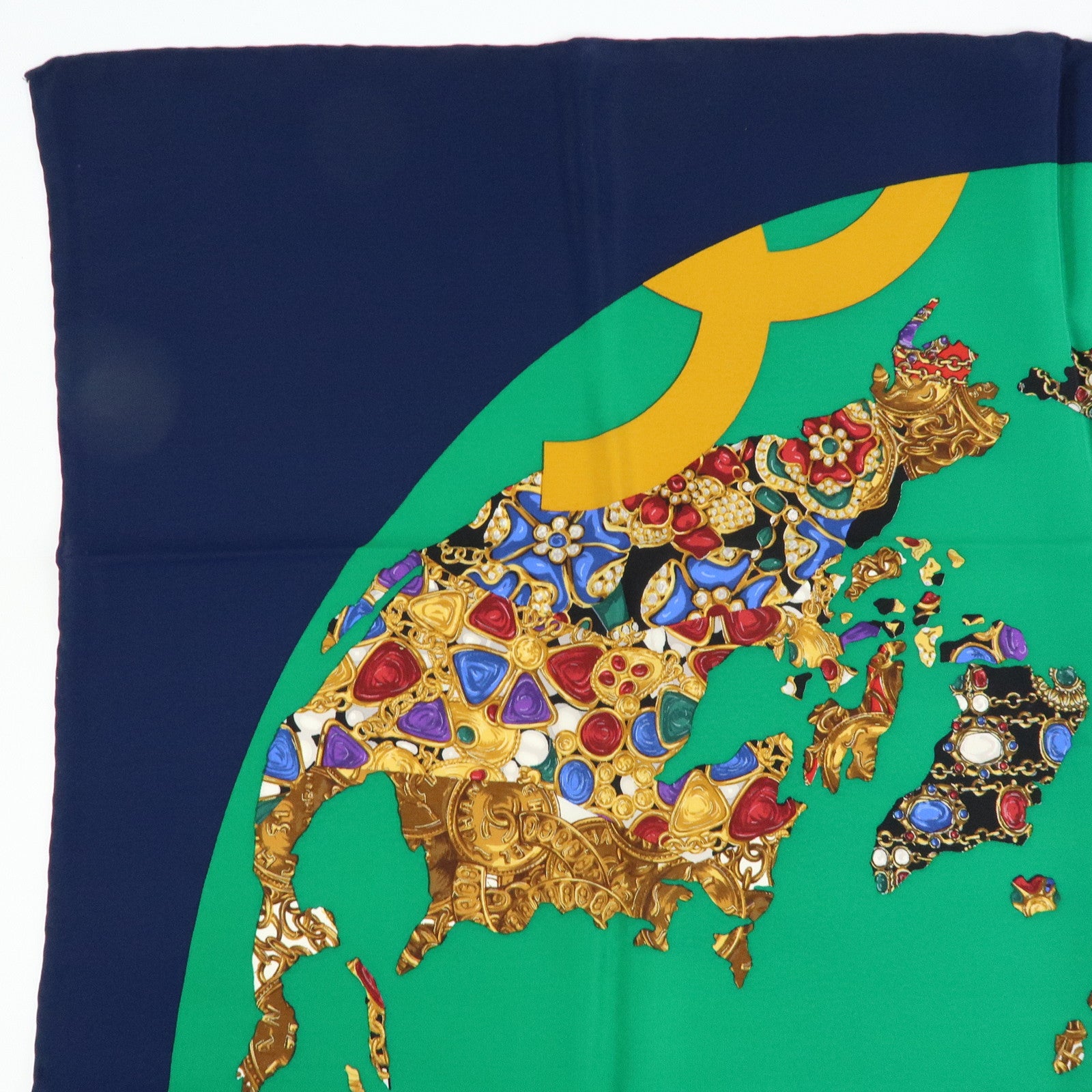 CHANEL Silk 100% Scarf Bijou 86cm×86cm Navy Green