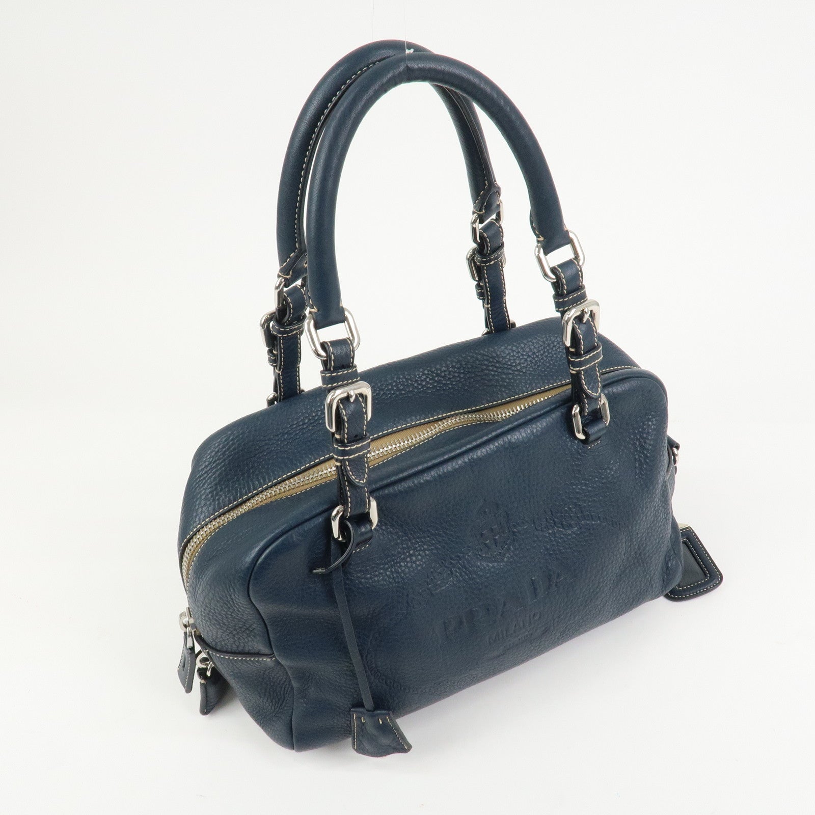 PRADA Logo Leather Boston Bag Hand Bag Navy BR3091
