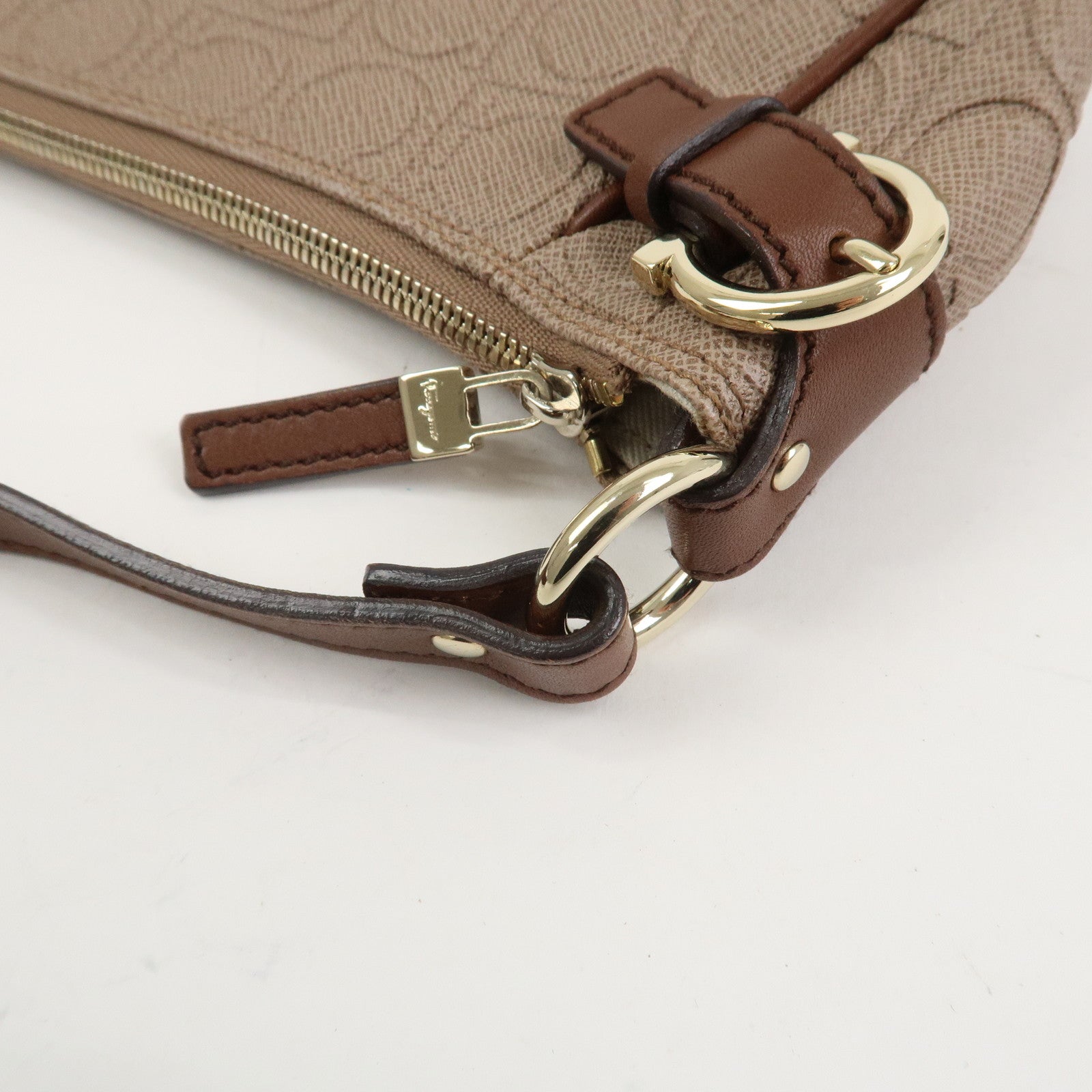 Ferragamo Gancini PVC Canvas Leather Shoulder Bag Hand Bag Brown