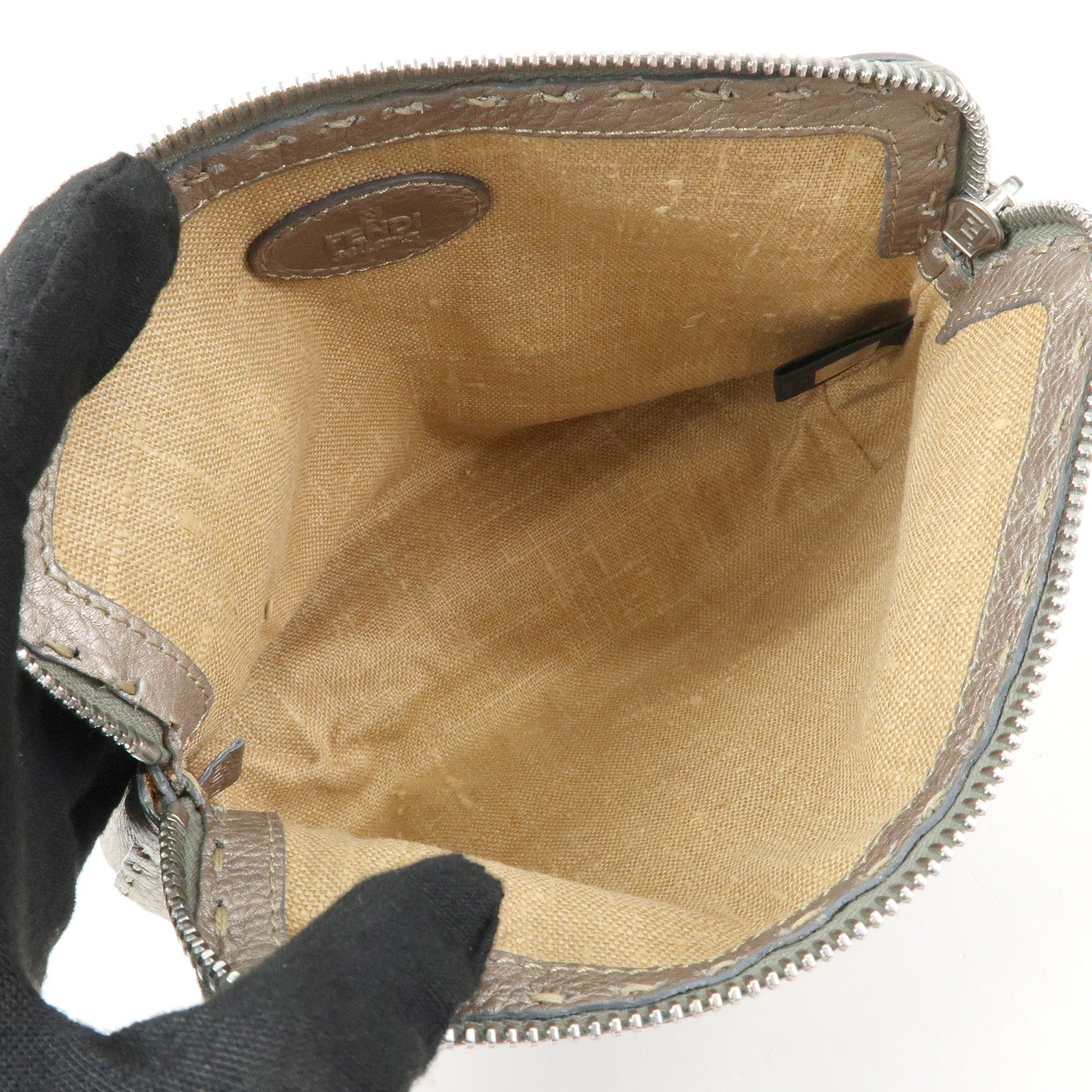FENDI Selleria Leather Pouch Cosmetic Pouch Gray